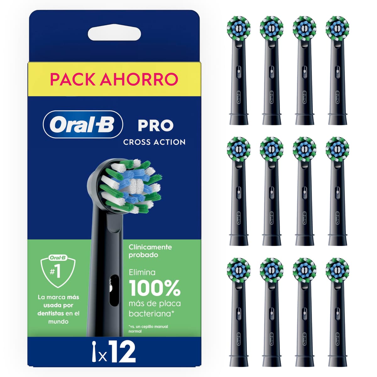 Oral-B Pro CrossAction Cabezales De Recambio ORIGINALES para Cepillo Eléctrico Oral B Pro,Pack De 12 Recambios Negros Con Indicador De Uso Y Filamentos En Forma De X Para Una Limpieza Suave Y Profunda