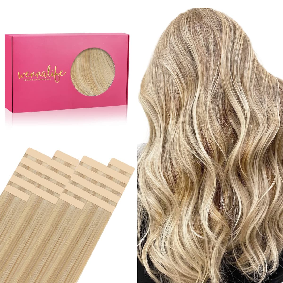 WENNALIFE Extensiones Adhesivas Pelo Natural, 55cm, 50g, 20 Piezas, Hellblond Highlights Goldblond, Extensiones Pelo Remy Cabello Humano