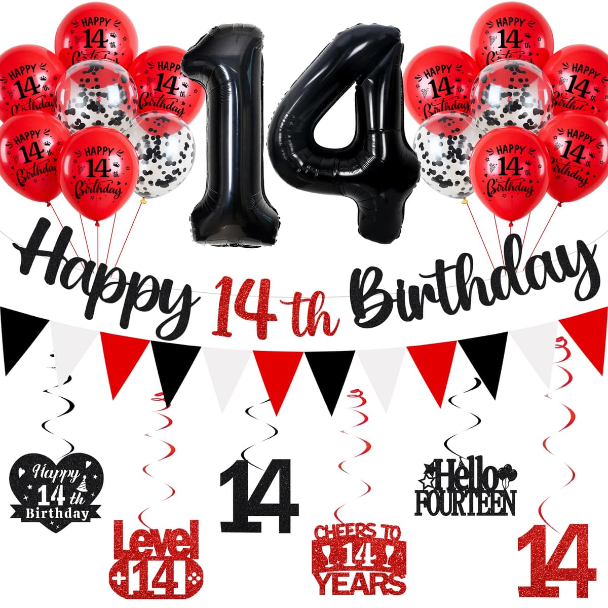 14th Birthday Decorations for Boys Girls - Black Red Glitter Happy 14th Birthday Letter Banner and Pennant Flags, Number 14 Foil Balloons and Hanging Swirls for 14 Years Old Children Party Supplies