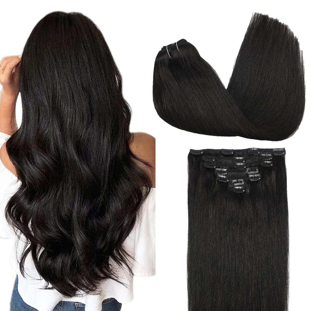 GOO GOO Clip in Human Hair Extensions, 16inch 120g 7pcs, Hair Extensions Clip in, 1B Black