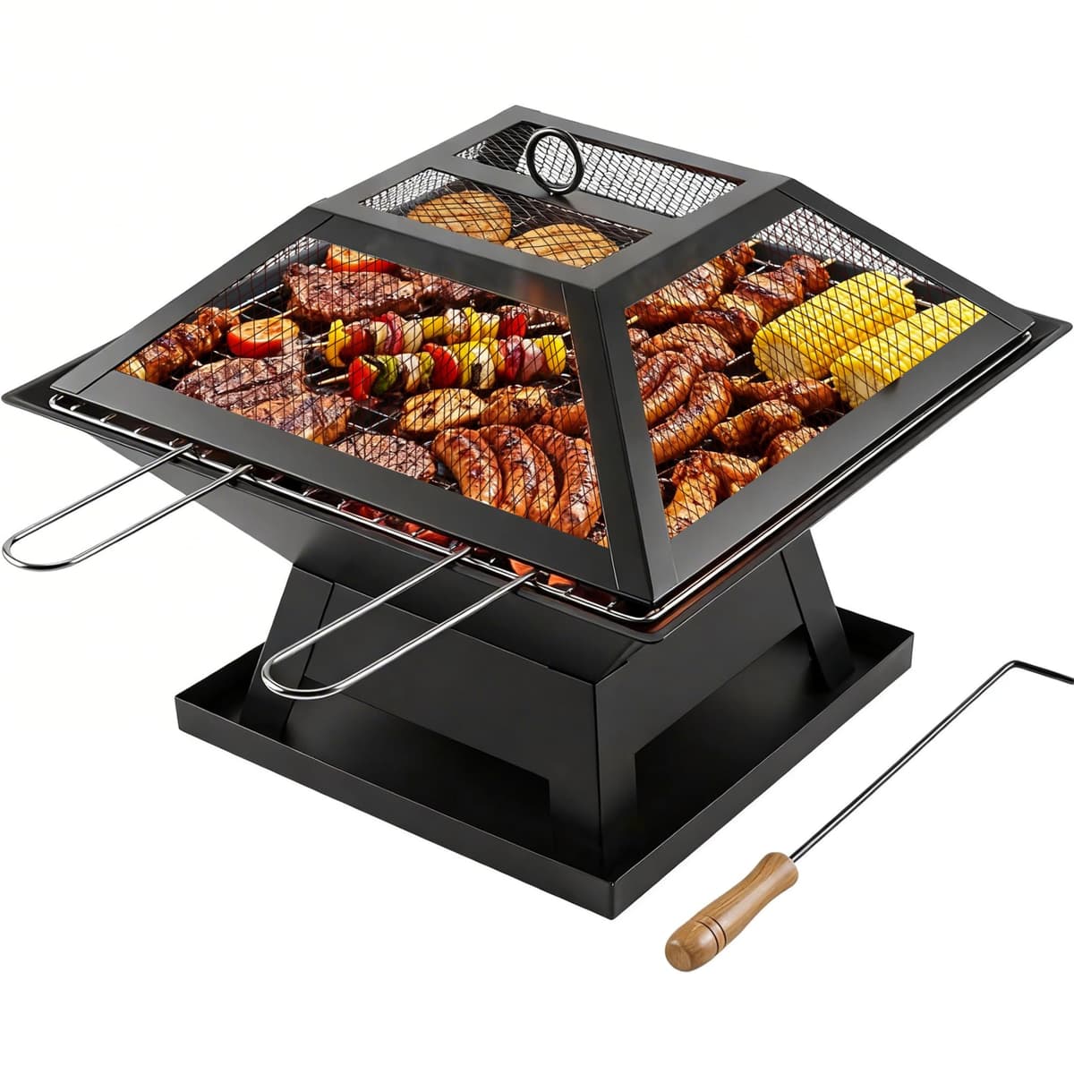 Square Fire Pit with BBQ Grill, Metal Fire Pit BBQ with Mesh Lid & Poker, Outdoor Garden Patio Heater Firepit, Sturdy and Durable Iron Construction - Great for Camping, Picnics or the Garden