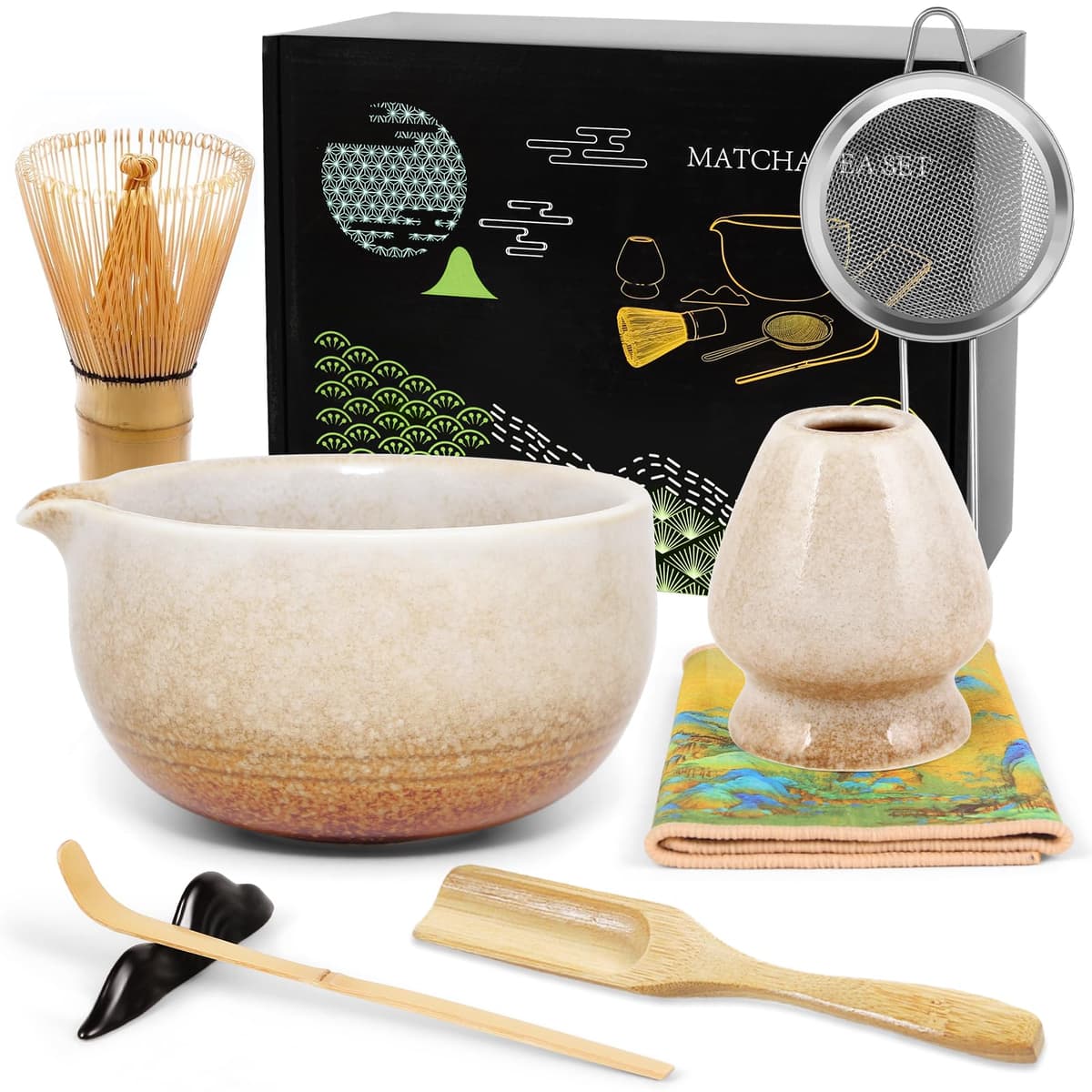 Matcha Kit 8 Piezas - Kit Té Matcha Completo con Tazón de Matcha con Pico, Batidor de Bambú (Chasen) y Accesorios Completos, Perfecto para Ceremonias Japonesas y Lattes Caseros (Blanco)