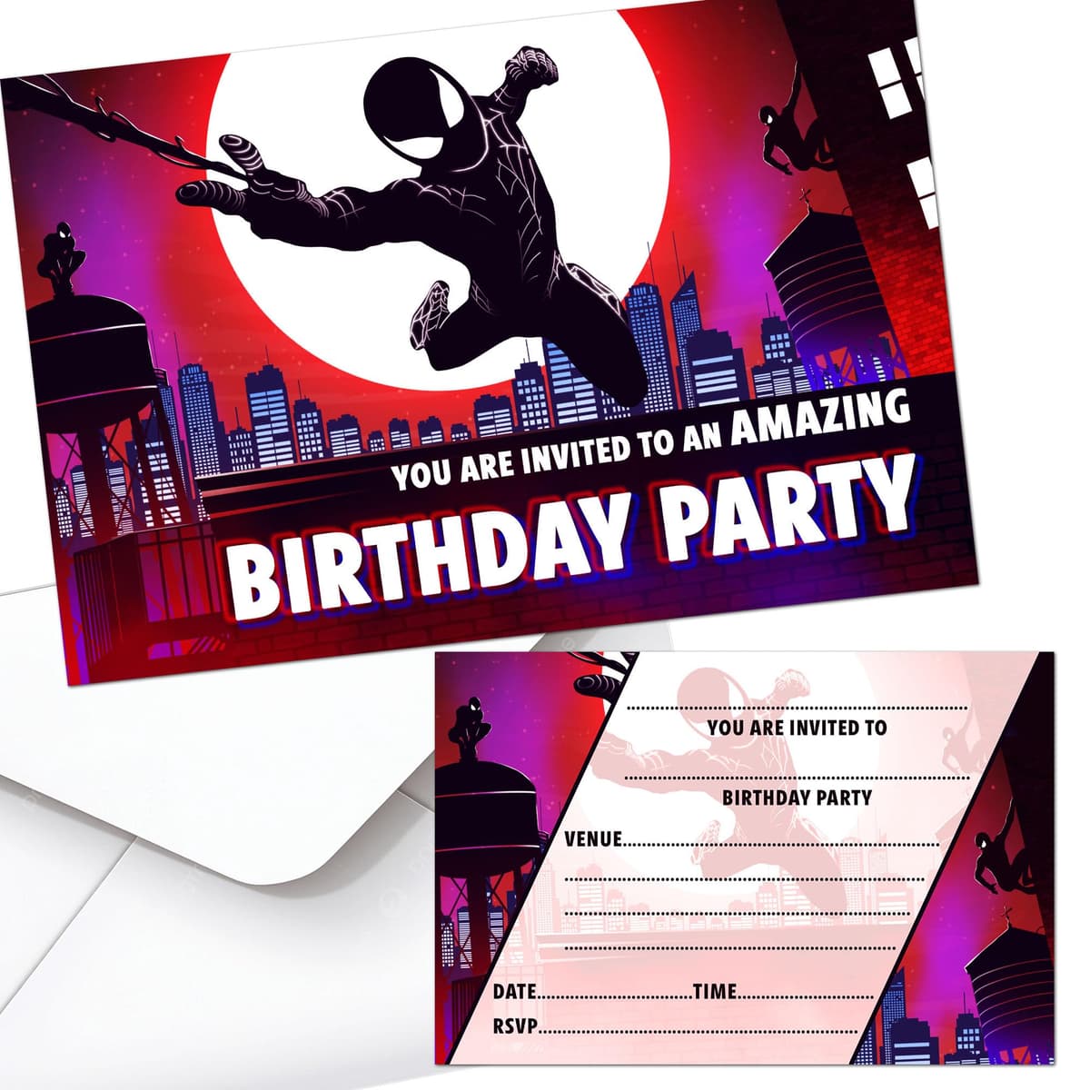 Spiderverse Birthday Party Invites Invitations & Envelopes (WRITE ON) (20 with envelopes)