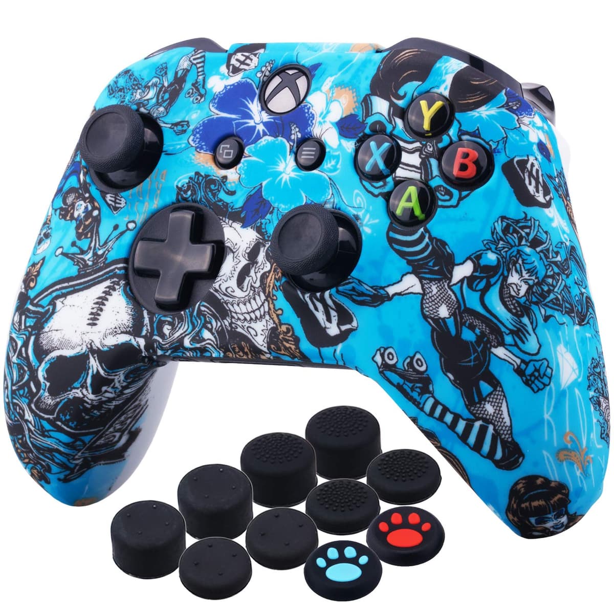 YoRHa Printing Rubber Silicone Cover Skin Case for Xbox One S/X Controller x 1(Witch) with Thumb Grips x 10