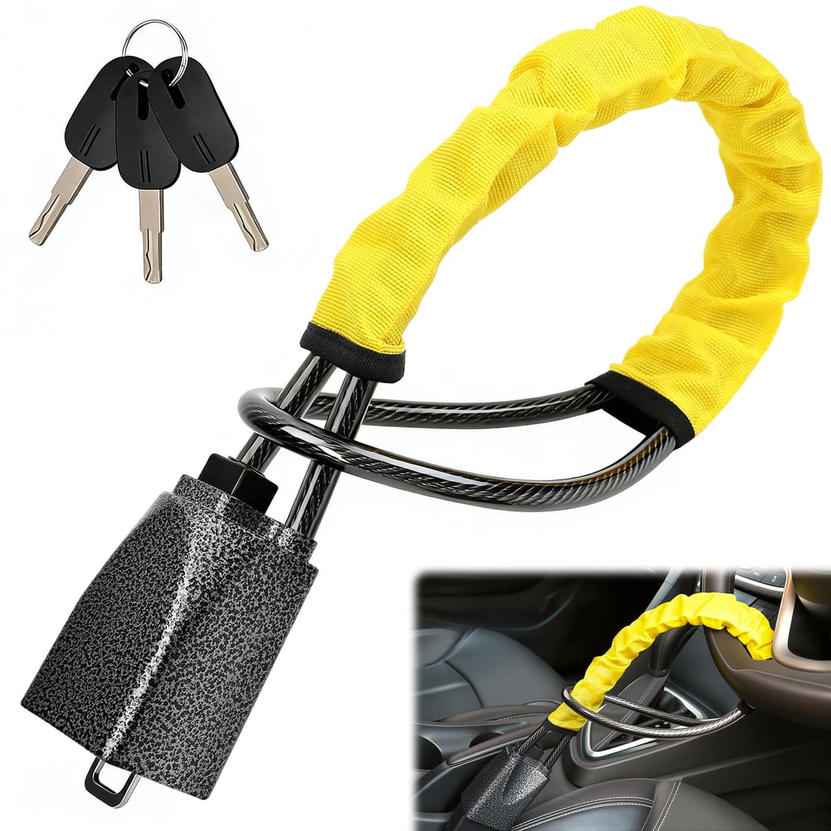 OXNSHEJW Steering Wheel Lock, Car Steering Wheel Locks, Car Seat Belt Lock with Metal Head, High Visibility Car Lock Anti-Theft Device for Car, SUV, Pickup, Van, RV, 3 Keys (Yellow)