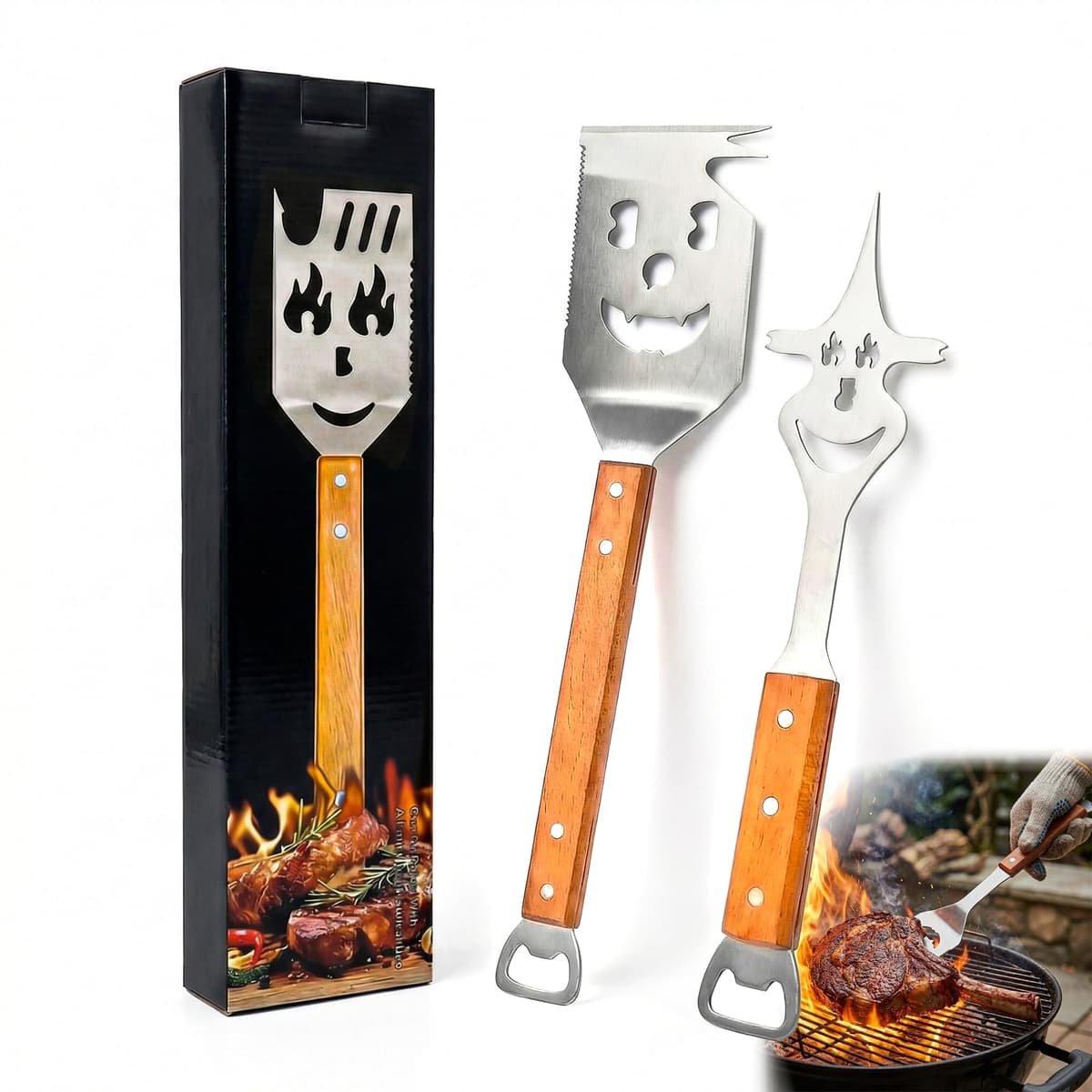 8 in 1 Multifunction BBQ Tools Set, Stainless Steel Spatula with Wooden Handle, Fork & Bottle Opener, BBQ Accessories & BBQ Gifts for Men, Gifts for Dad/Husband