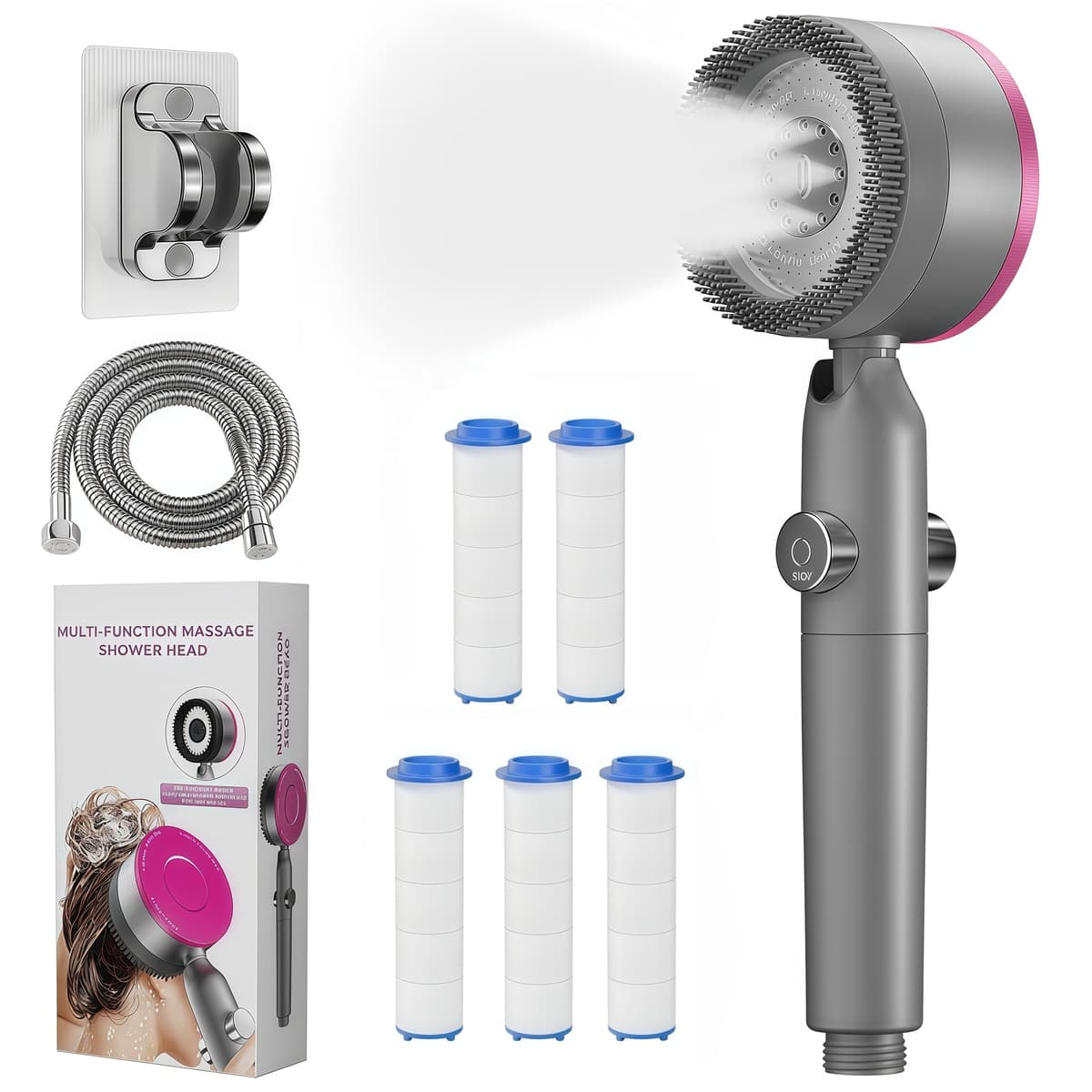 Alcachofa de Ducha Alta Presión con Filtro Antical,Cabezal de Ducha 4 Modos con Función de Masaje,Ahorro de Agua,Kit con Manguera 1.5M,5 Filtros y Soporte,Botón de Parada ON/OFF,Ajuste Estándar