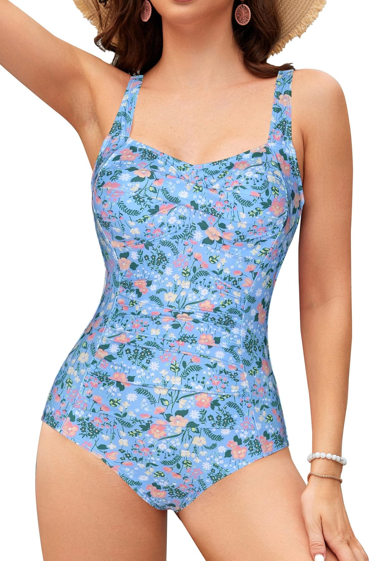 SHEKINI Traje de Baño Una Pieza para Mujer Cuello Bajo Ajustables Correas Slim Bañador Fruncido Control Abdomen Ropa de Playa