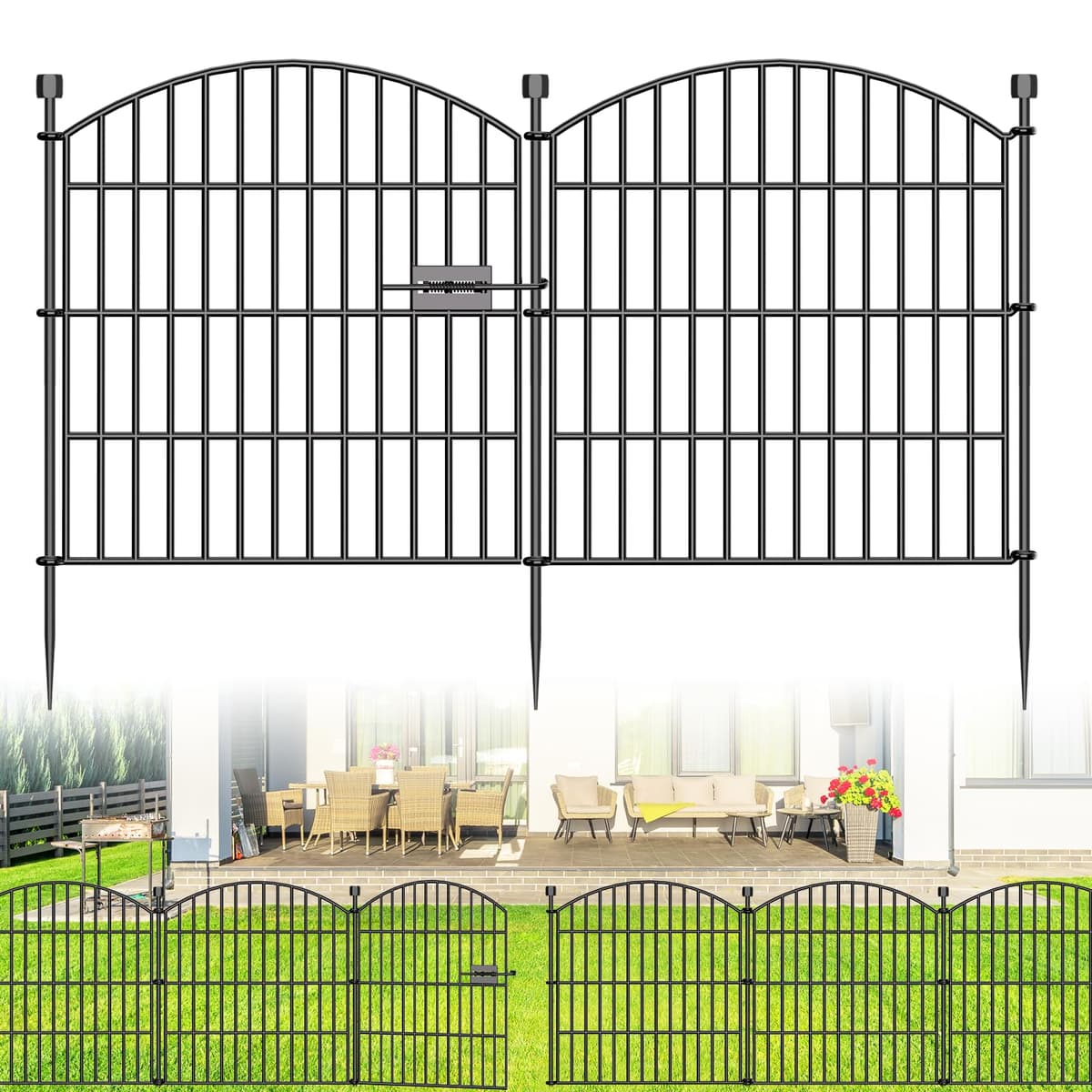 10 Panels No Dig Decorative Garden Fence with Gate - 61 cm (H) x 6.1 m (L) Dog Rabbits and Pets Fence Outdoor for Yard, Animal Barrier Tall Rustproof Metal Wire Fencing Border for Garden and Patio