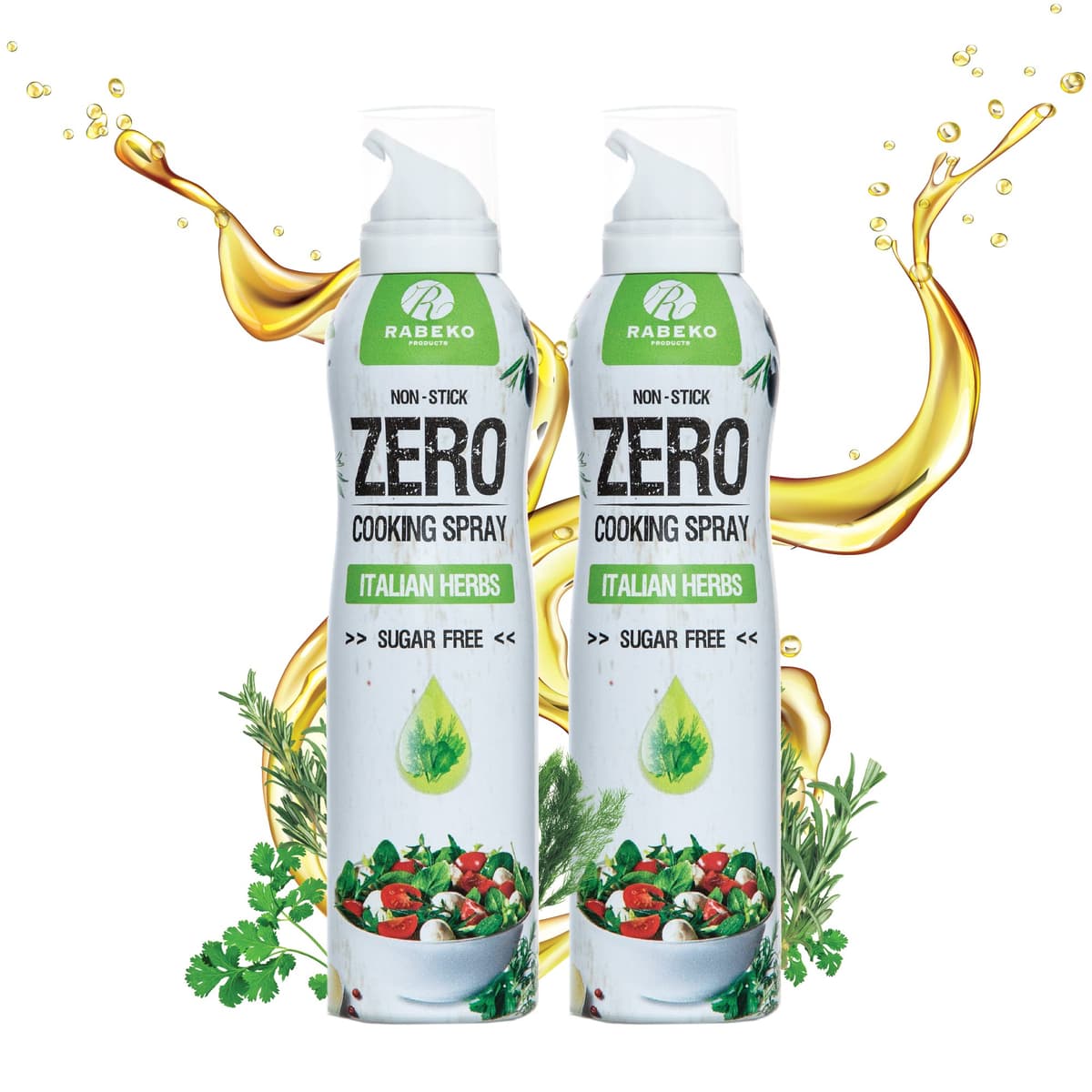 Rabeko Zero spray para cocinar bajo en calorías | HIERBAS ITALIANAS | 800 raciones, 2 kcal por pulverización | Spray para freír, asar y hornear | sin aditivos, sin azúcar|sin gluten 2 x 200ml