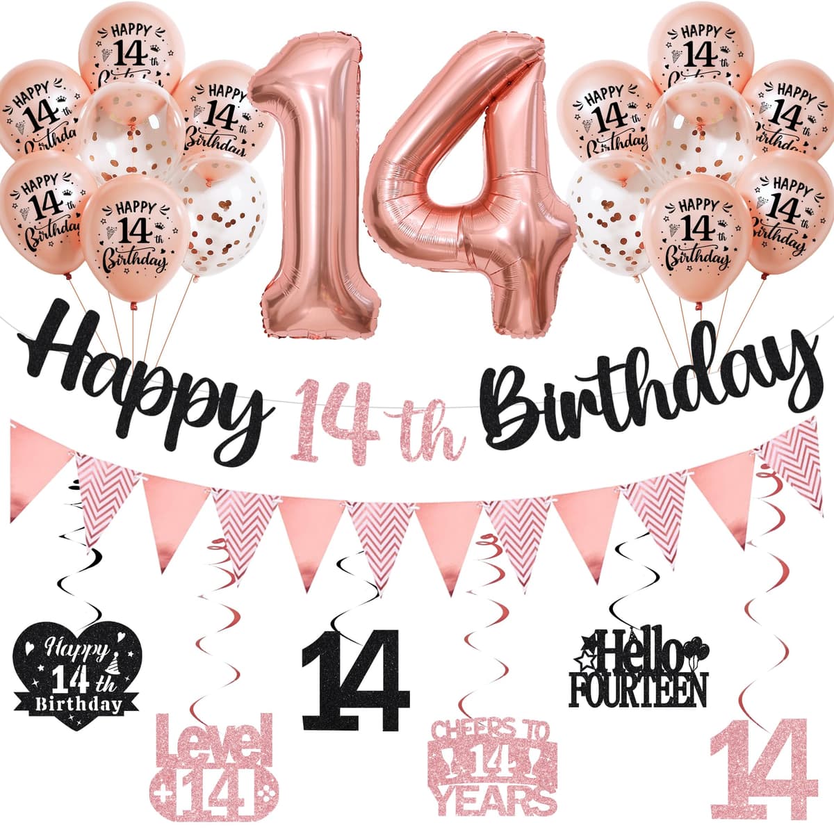 14th Birthday Decorations for Boys Girls - Black Rose Gold Glitter Happy 14th Birthday Letter Banner and Pennant Flags, Number 14 Foil Balloons and Hanging Swirls for 14 Years Old Children Party