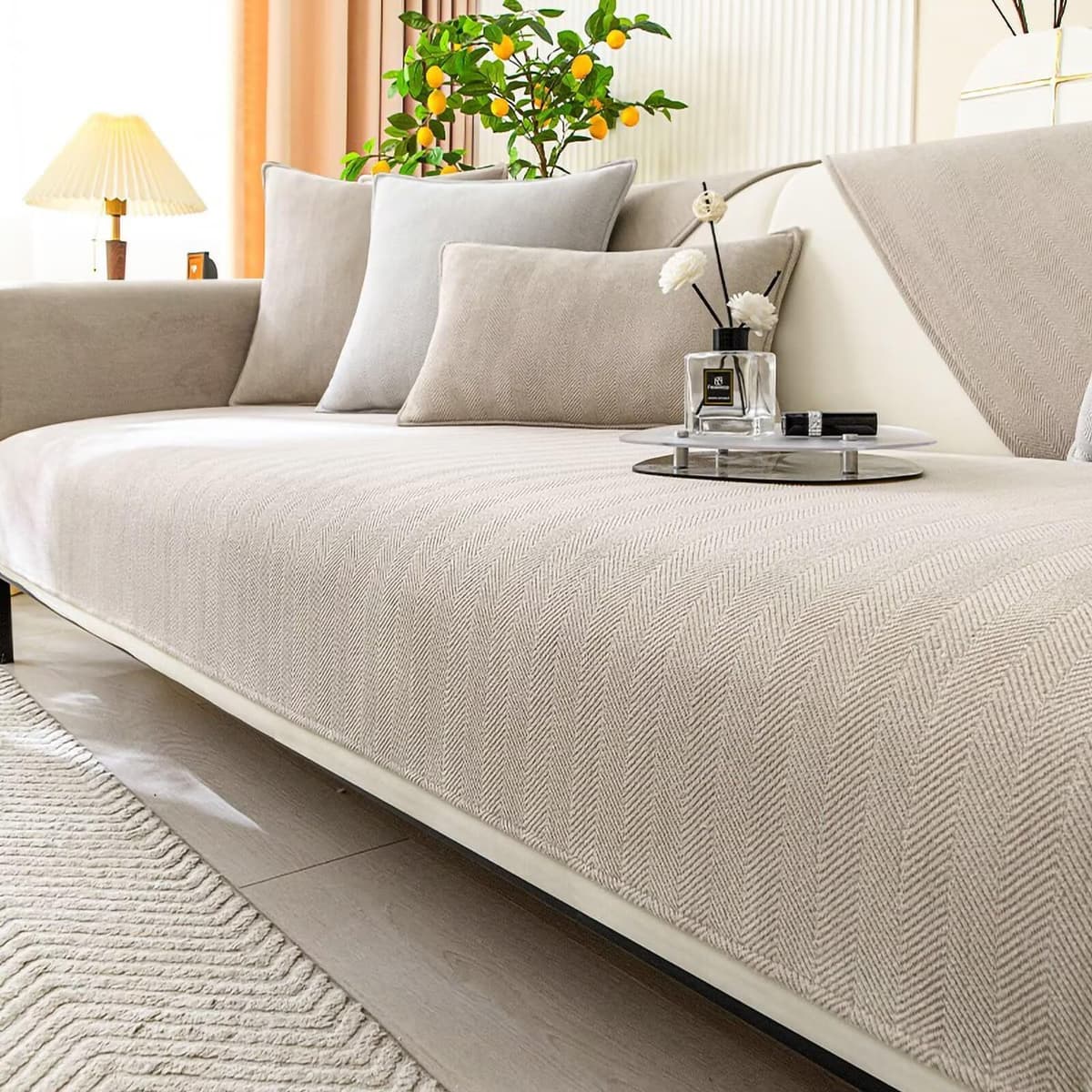 L Shape Couch Protector, Universal Non-Slip Furniture Cover, Dog Sofa Cover - Milk Tea Colored Chenille Fabric, 90 * 240CM