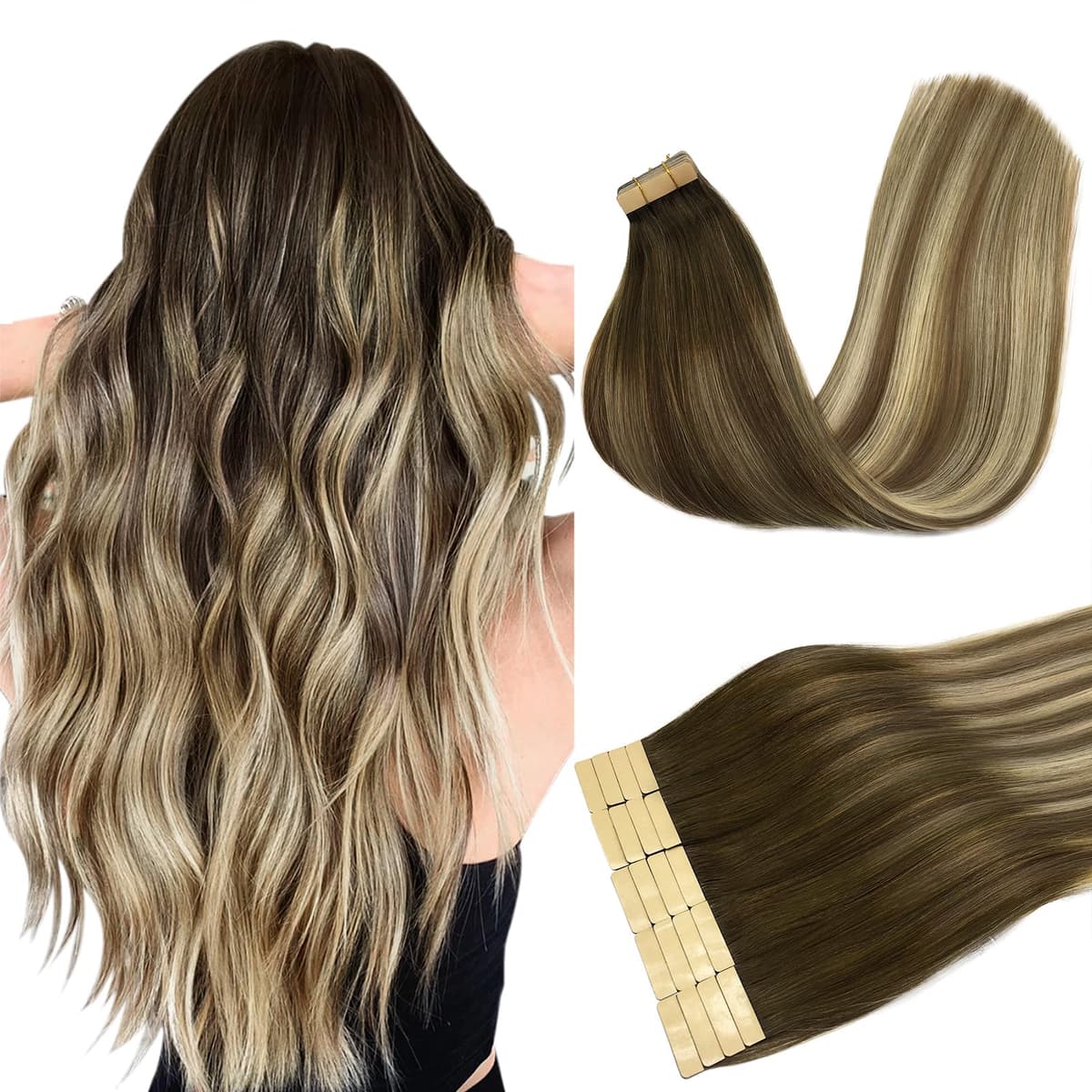 DOORES Human Hair Extensions Tape in, Balayage Walnut Brown to Ash Brown and Bleach Blonde, 18 Inch 20pcs 50g, Tape in Hair Extensions Silky Straight Soft Weft