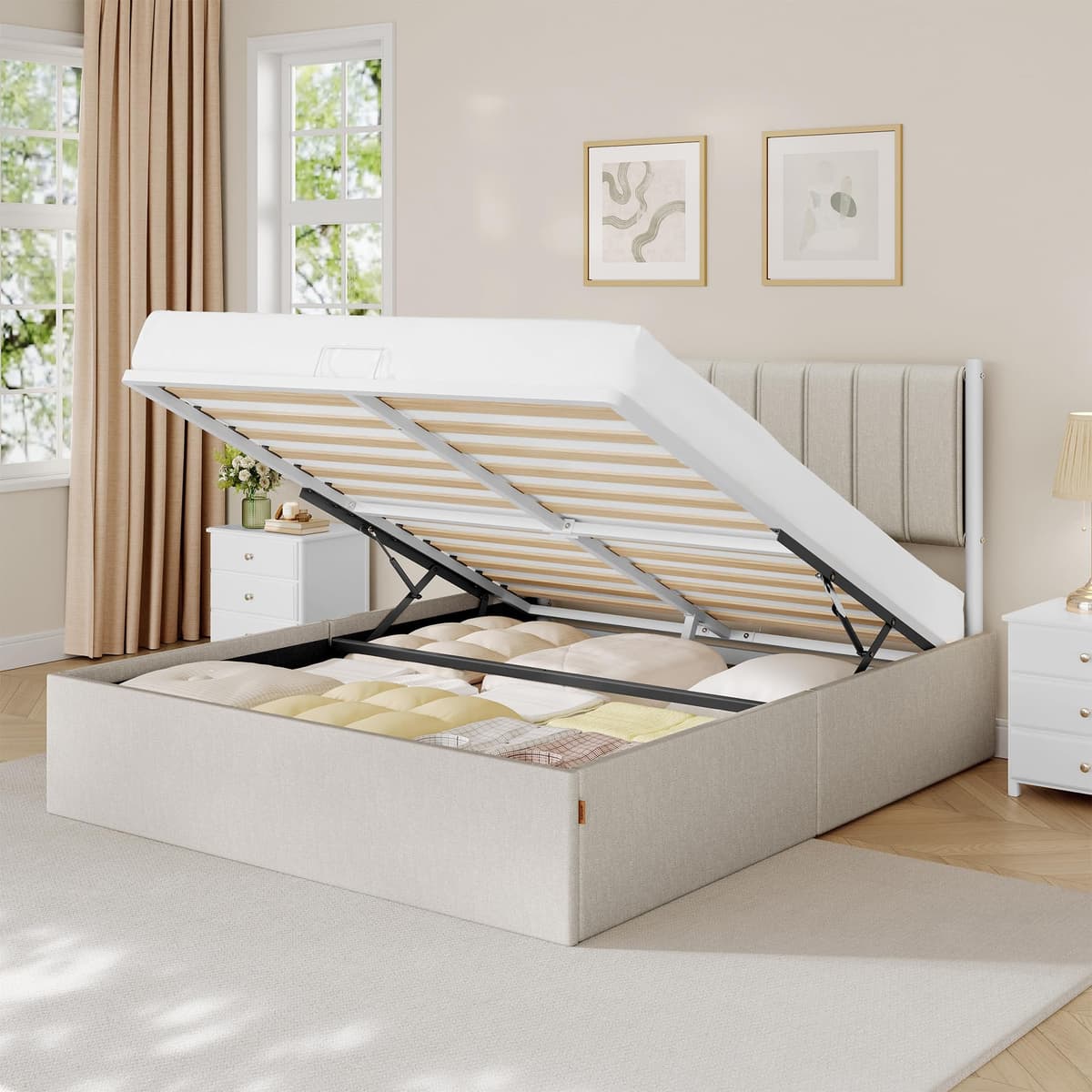 VASAGLE Estructura de Cama, 160 x 200 cm, Cama Elevable, 2 Personas, con Almacenaje, Cabecero, Sistema Hidráulico, Moderno y Minimalista, Fácil Montaje, Beige Capuchino RMB615LH01