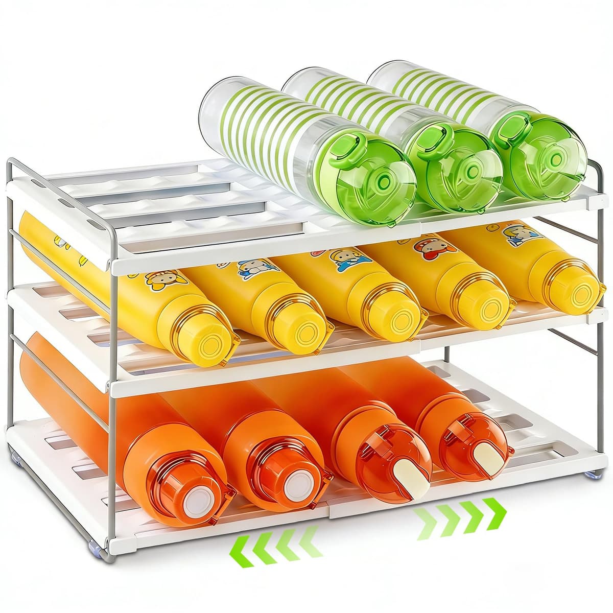 Raxfekro Organizador de botellas extensible para frigorífico, armario y cocina, con compartimentos ajustables para botellas de agua, termos y bebidas (26,5 – 42 cm)