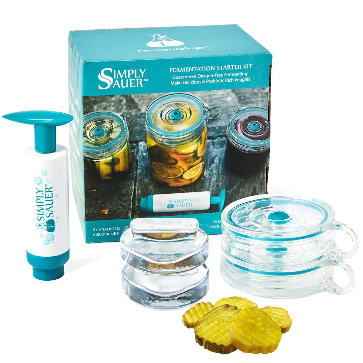 Fermentology Kit de Fermentación para Principiantes Simply Sauer - Compatible con Tarros de Boca Ancha - Incluye Pesas, Tapas, Bomba