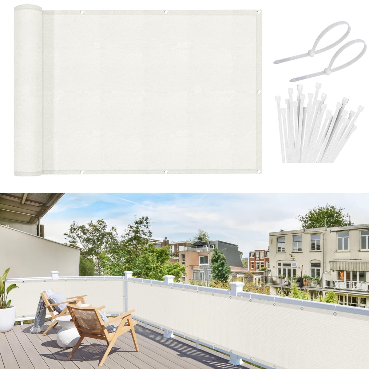 Sunnylaxx Balcon Privacidad 90x300cm Crema, Pantalla De Privacidad Balcon Protección PES, Incluye Bridas para Cables