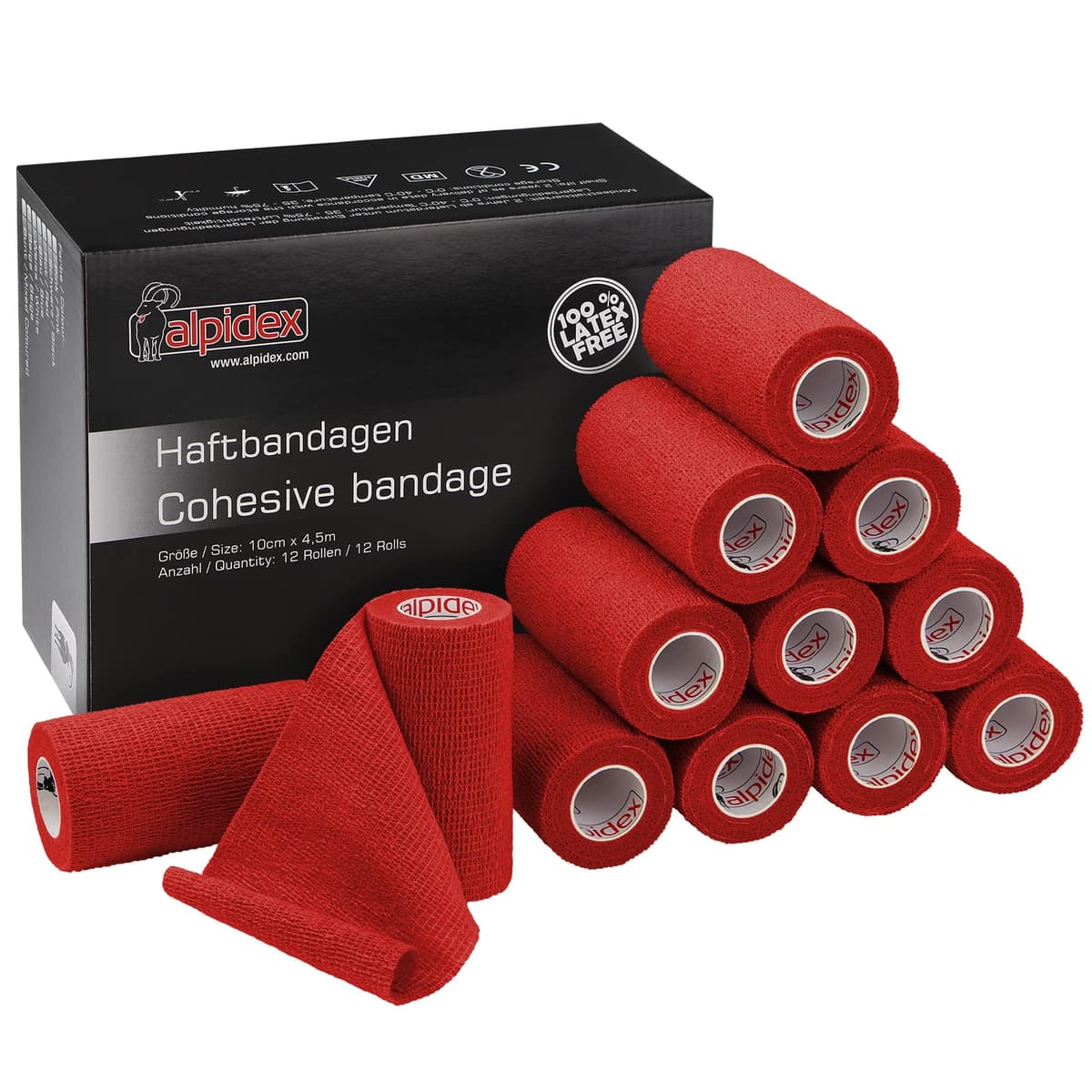 ALPIDEX 12 Rollos Venda Adhesiva 10 cm x 4,5 m Venda Cohesiva Envoltura Tape Deportiva Bendaje Autoadhesiva Mano Rodillas Tobillo Vet Wrap Perro Gato Caballo, Color:rojo