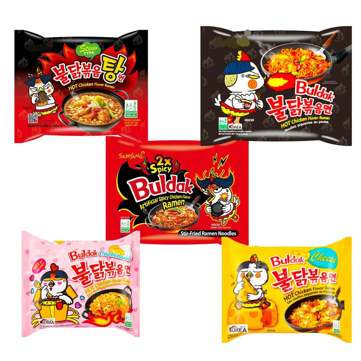 YIJIA | Pack 5 Paquetes mezclados B Ramen Coreano instantáneo Shin Ramyun, de Kimchi, de Chapagetti, Carbonara y de Queso