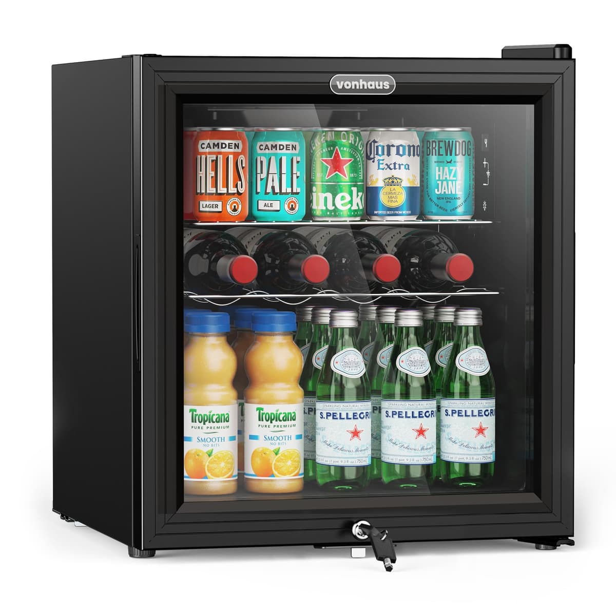 VonHaus Drinks Fridge 50L – Mini Beer & Wine Fridge with Reversible Glass Door & LED Light, Auto Defrost, 0-20°C, Lock & Keys, Table Top Drinks Refrigerator with 43L Net Capacity
