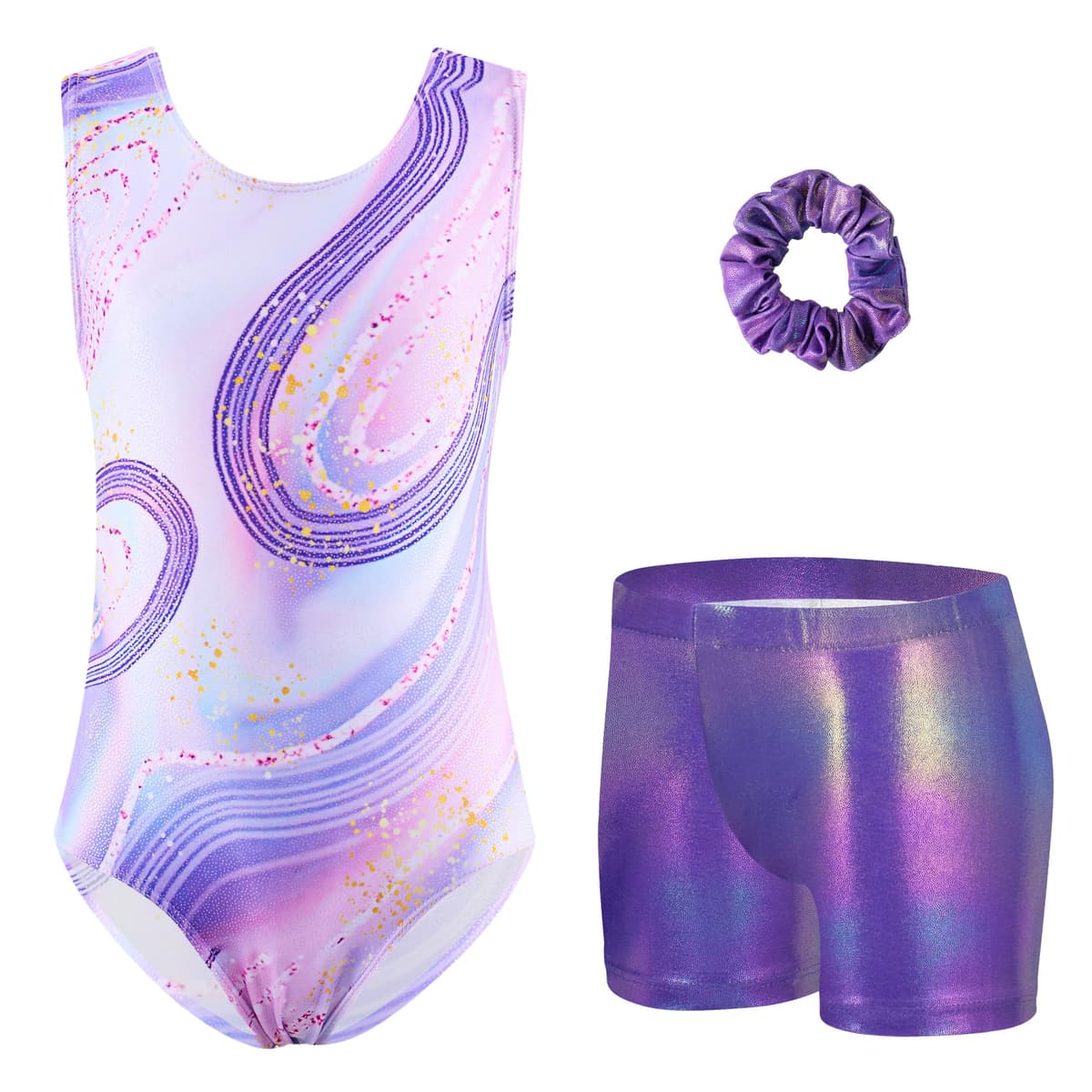 Arshiner Maillot Gimnasia Ritmica Niña Conjunto de Gimnasia Tres Piezas sin Mangas para Verano Entrenamiento Moderno Conjunto de Body y Pantalón Corto Maillot Ballet Niña 3-10 Años