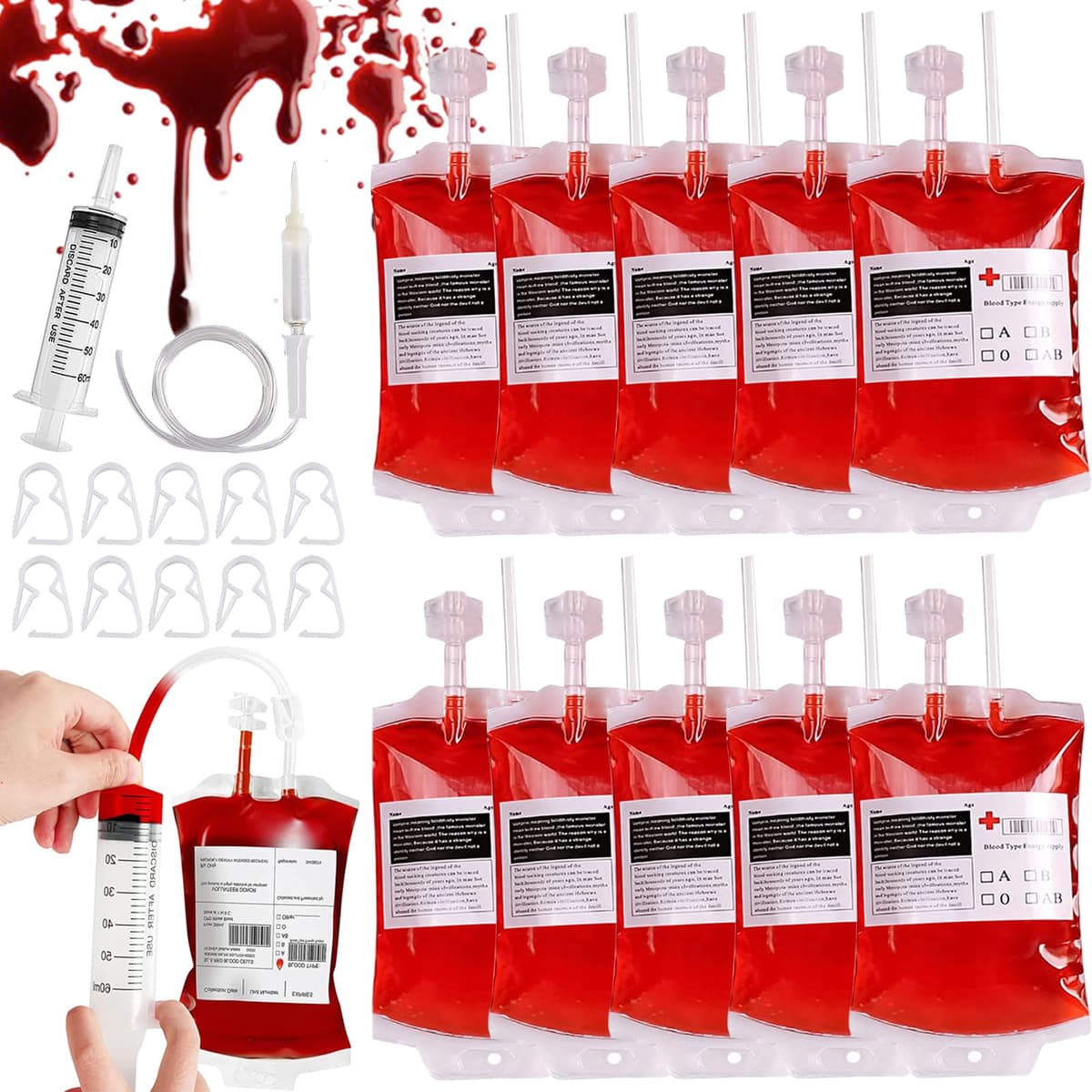 Vasos de Halloween, 10 bolsas de sangre de Halloween, bolsas de sangre de 350 ml para rellenar, bolsa de sangre para beber con jeringa de tipo de sangre, pegatinas decorativas de Halloween, bolsa de