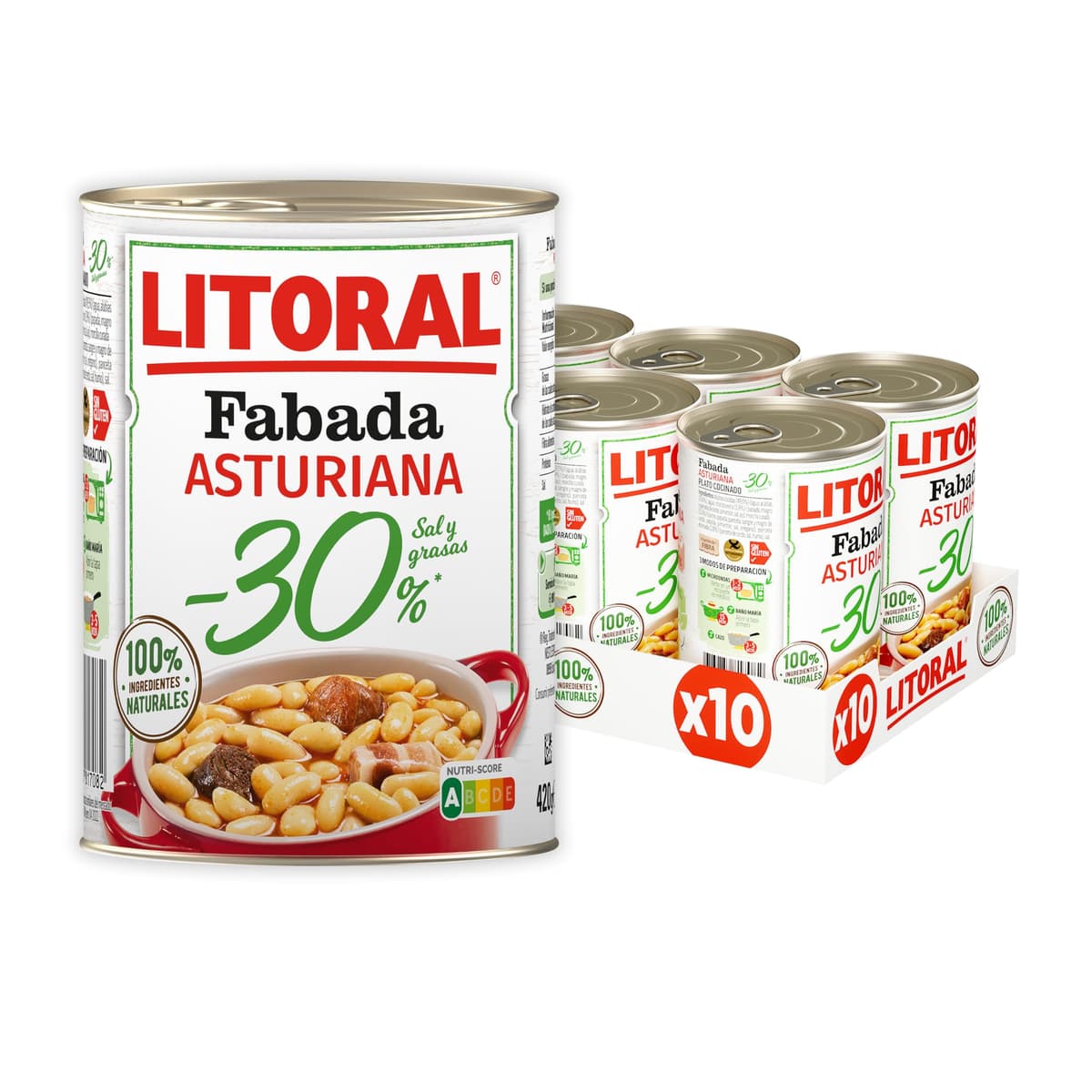 Litoral Fabada Asturiana -30% Sal y Grasa - Plato Preparado Sin Gluten - Pack de 10x420g - Total: 4.20kg