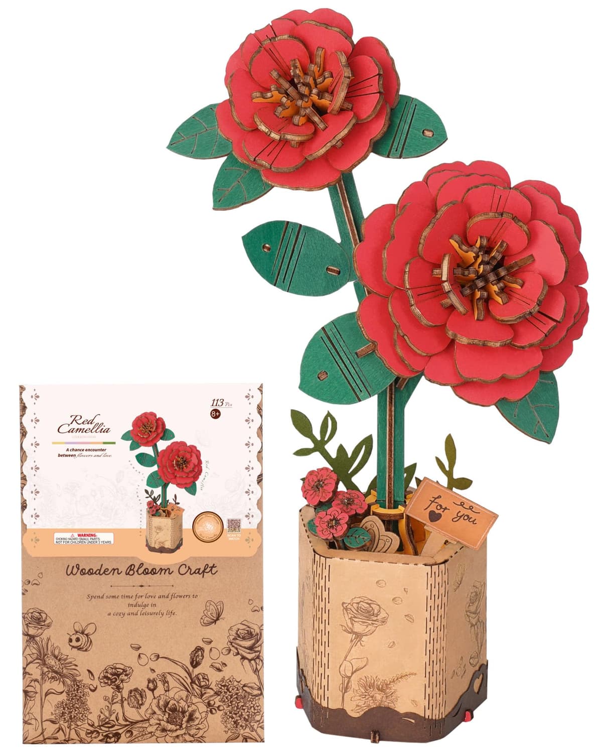 Robotime Flor Puzzles 3D Madera, Maquetas para Construir Adultos, Maqueta Madera, Regalos para Mujeres en el Día de San Valentín & Cumpleaños (Camelia roja)