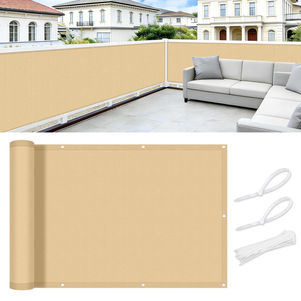 Cool Area Pantalla Privacidad para Balcón 90x300 cm Impermeable Malla de Ocultacion Protección Opaca para Jardín Exterior Terraza,Protección UV,Resistente al Viento,con Ataduras de Cables,Arena