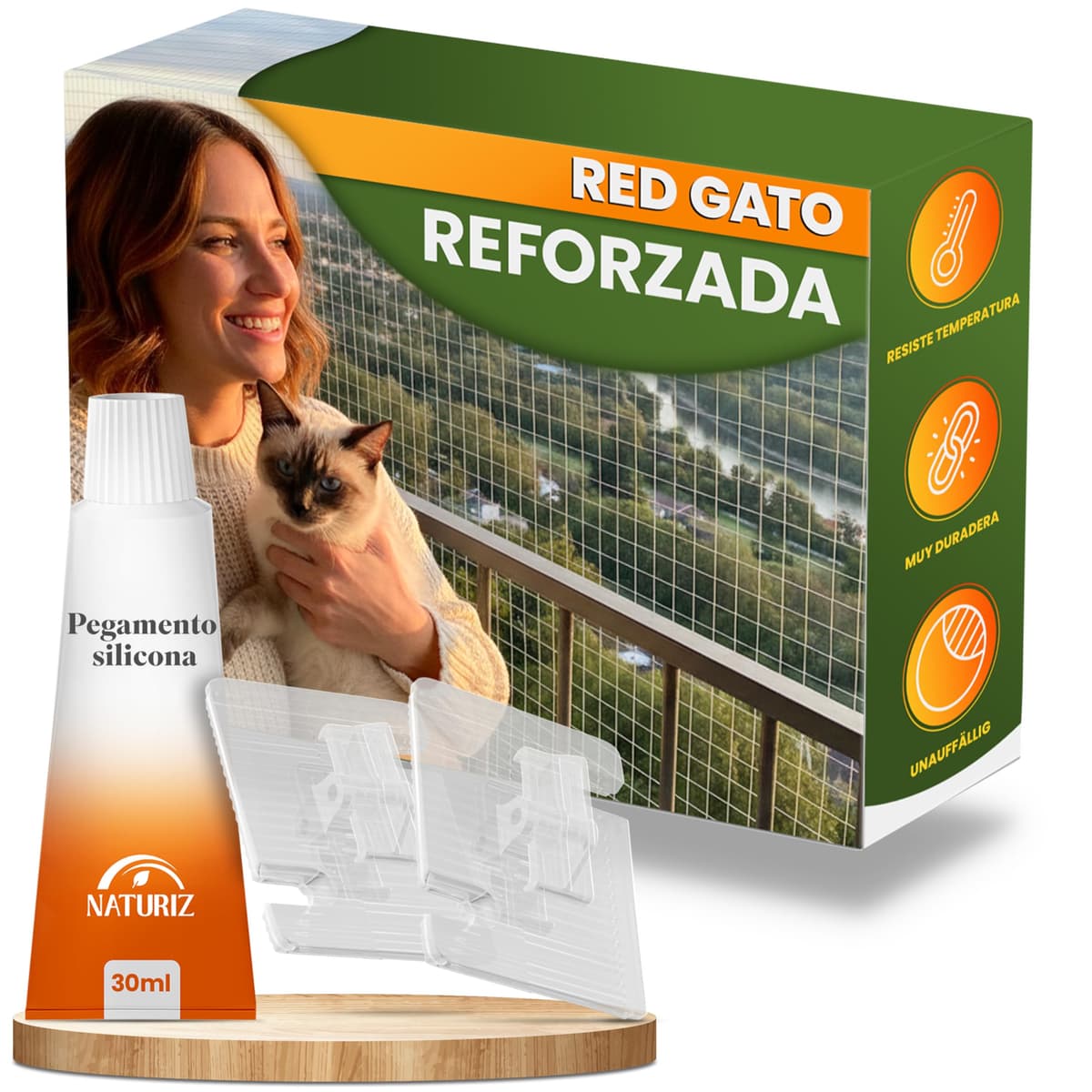 Naturiz Red para gatos para balcón sin agujeros, 3 x 8 m, red para gatos reforzada con alambre transparente/blanco, incluye ganchos adhesivos, red de protección para gatos para balcón y ventana, red
