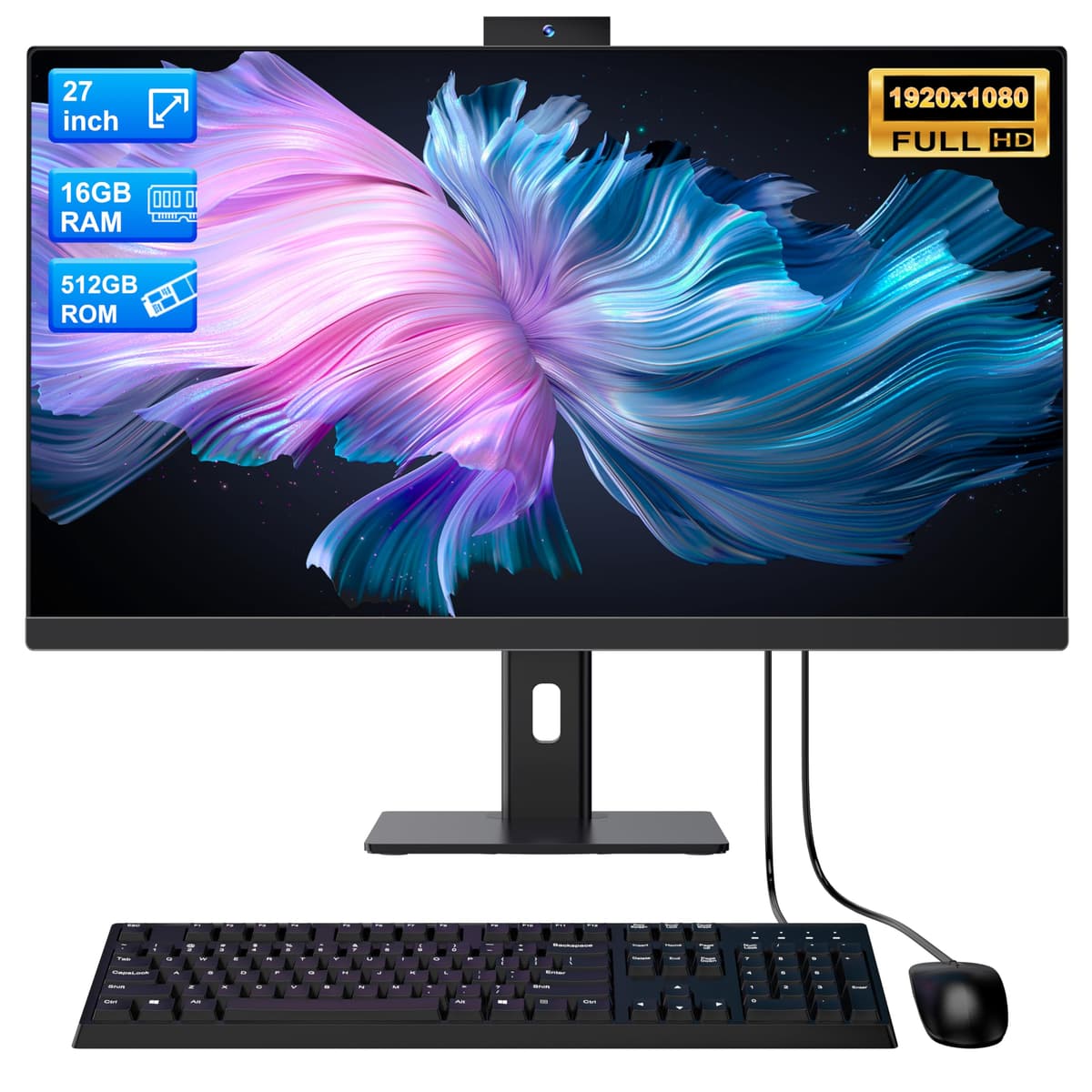 All-in-One PC de 27" para Teletrabajo y Clases Online Procesador Quad-Core ‑ N95, 16GB RAM, 512GB SSD, Ordenador de Sobremesa con Cámara Retráctil, WiFi 6, Bluetooth 5.3. Incluye Teclado y Ratón.