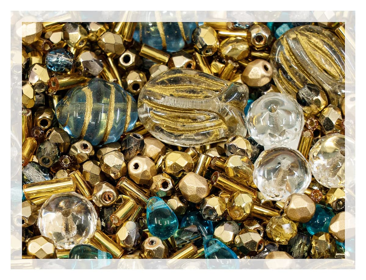 60 g Mix of Unique Czech Bohemia Glass Pressed Beads, Rocailles, Aztec Pale Gold Crystal, Matte and Glossy, Hand Made BCV