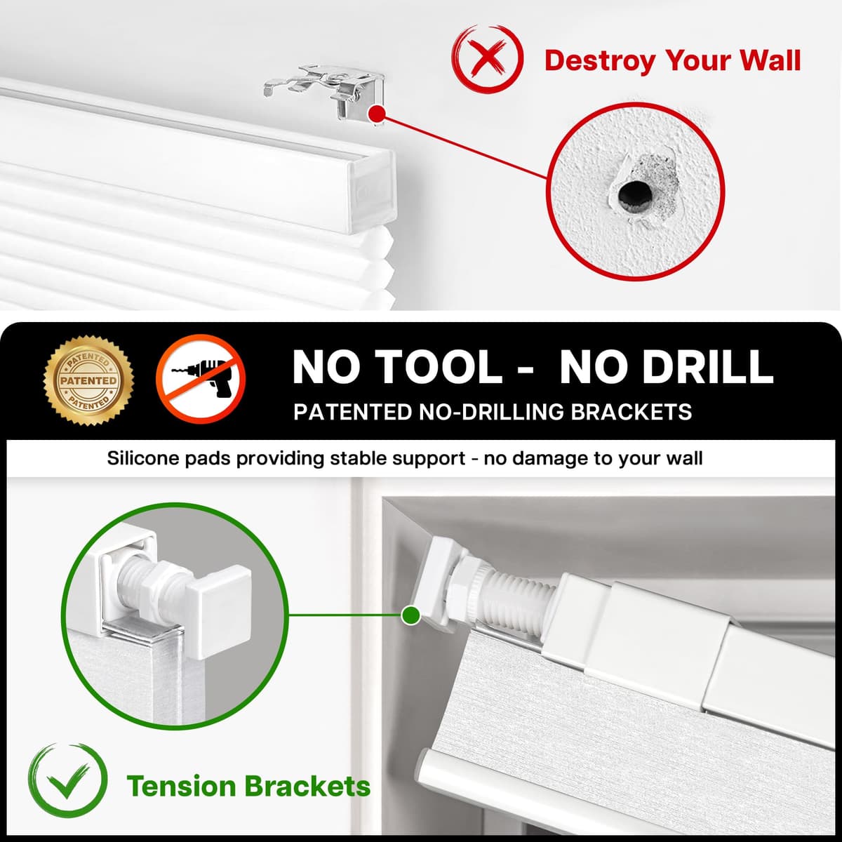 LazBlinds Cordless Cellular Shades, No Tools No Drill Blackout Honeycomb Shades Pleated Blinds for Windows, 35'' W x 48'' H, Silver White — view 2