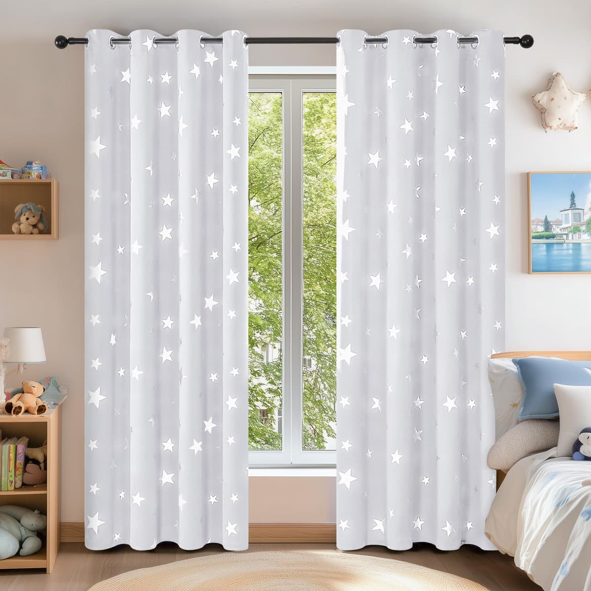 Deconovo Stars Foil Printed Thermal Insulated Curtains Eyelet Blackout Curtains for Nursery 46 x 72 Inch Silver Grey 1 Pair