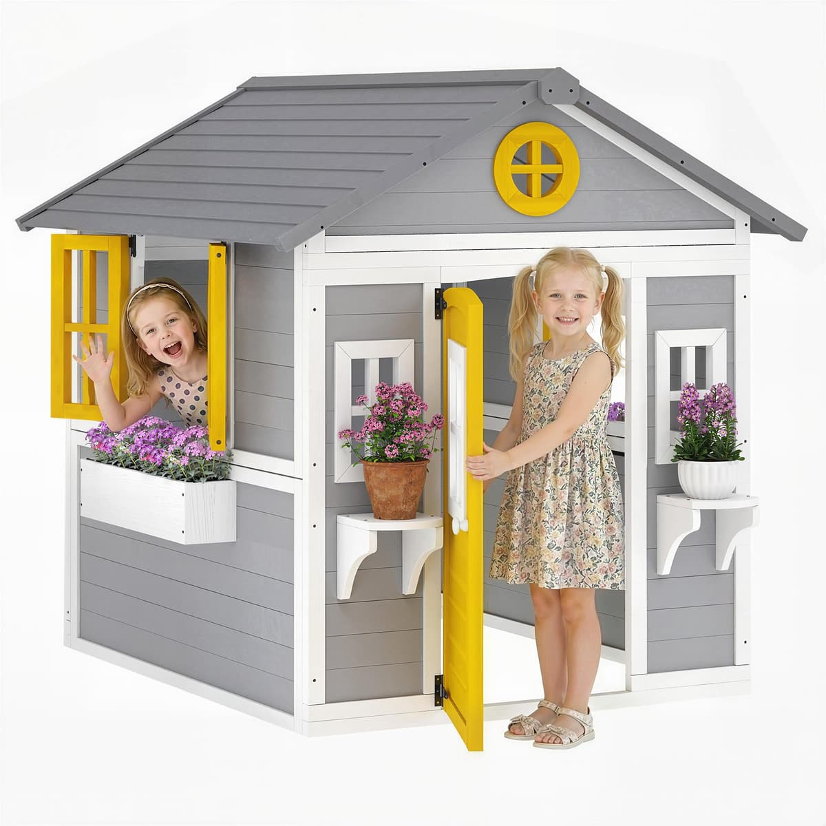 Outsunny Casita Infantil Exterior e Interior de Madera, Casita Infantil con Puerta, Ventanas, Jardineras y Soportes de Flores, Casa de Jardín para Niños de 3-8 Años, Gris