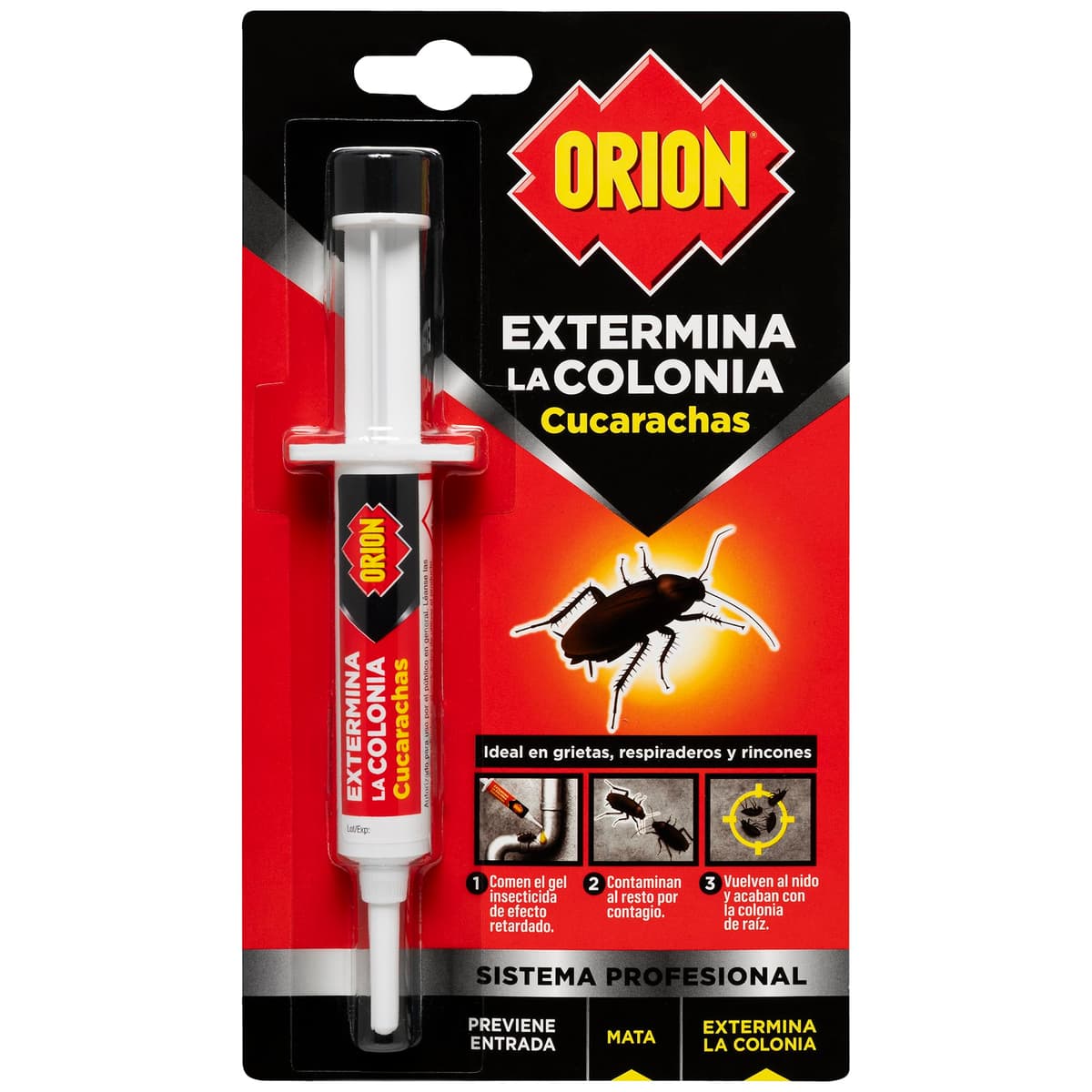 Orion - Jeringa Mata Cucarachas, Elimina el Nido y Colonia, Formato Gel de Alta Atracción, Eficacia profesional, Aplicación grietas, rendijas y zócalos, Acción Prolongada - Jeringa 10g