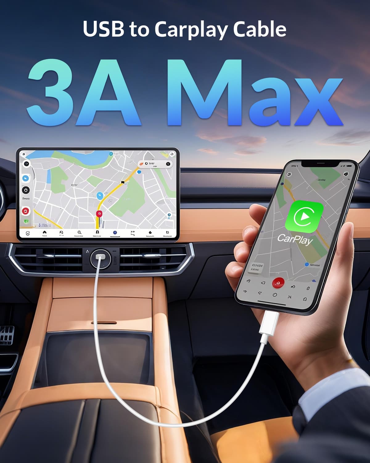 3-Port 70W Fast Car Charger for iPhone 14 13 12 11 Pro Max Plus Mini SE XR XS X 8 7 6, iPad, 2Pack USB Carplay Cord &Lightnings Charging Cable and USB-C&A Car Charger Adapter Cigarette Lighter — view 5