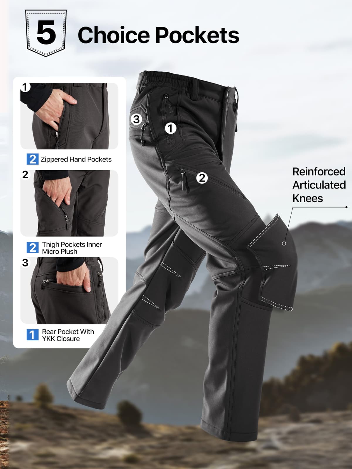 FREE SOLDIER Men's Fleece Lined Outdoor Cargo Hiking Pants Water Repellent Softshell Snow Ski Pants with Zipper Pockets — view 5