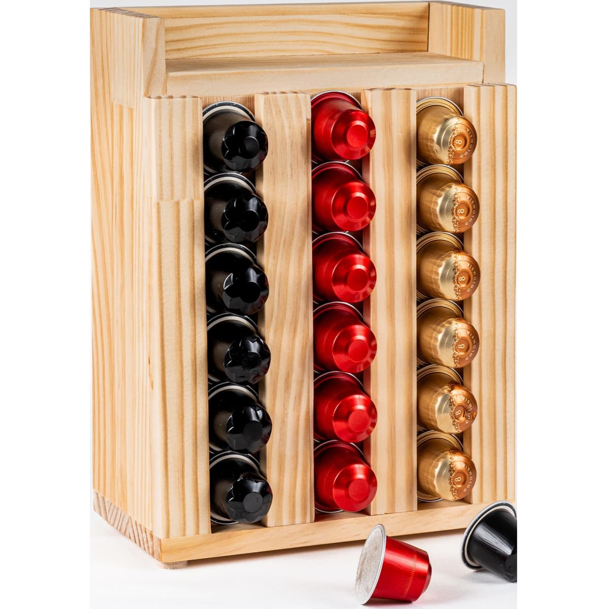 Porta Cápsulas Madera 40 Unidades – Organizador Vertical con Bandeja Superior y Almacenamiento Trasero – Compatible Tipo Original