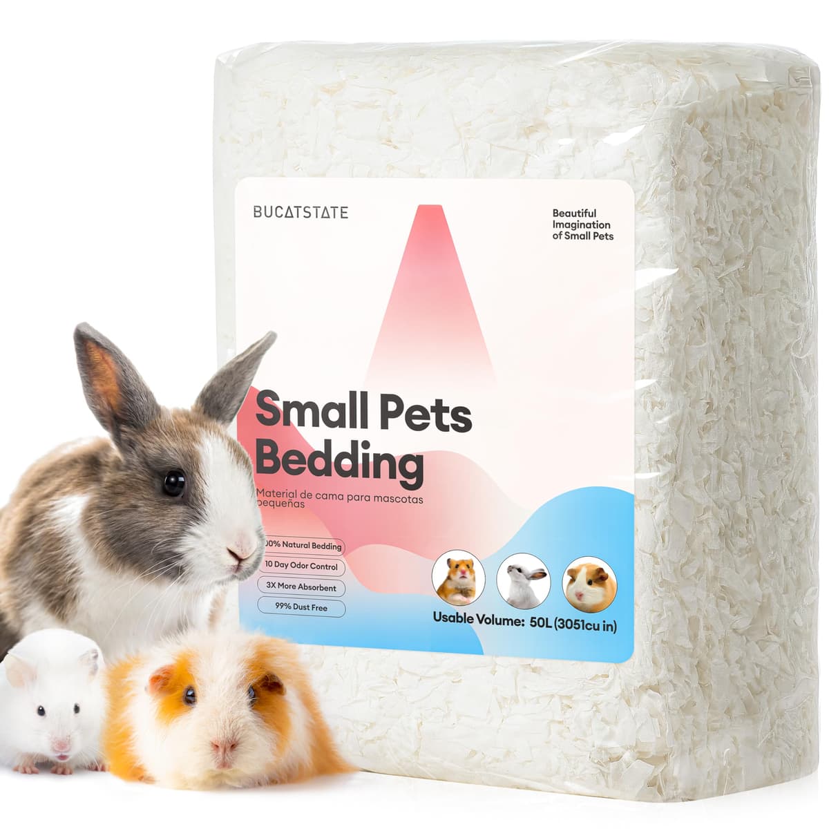 BUCATSTATE Lecho para Hámsteres 50L, Camas para Conejos Animales Pequeños, Ratones, Jerbos, Roedores, Control de Olores, Natural Lecho de Papel Súper Absorbente, 99,9% Libre de Polvo (50litros)