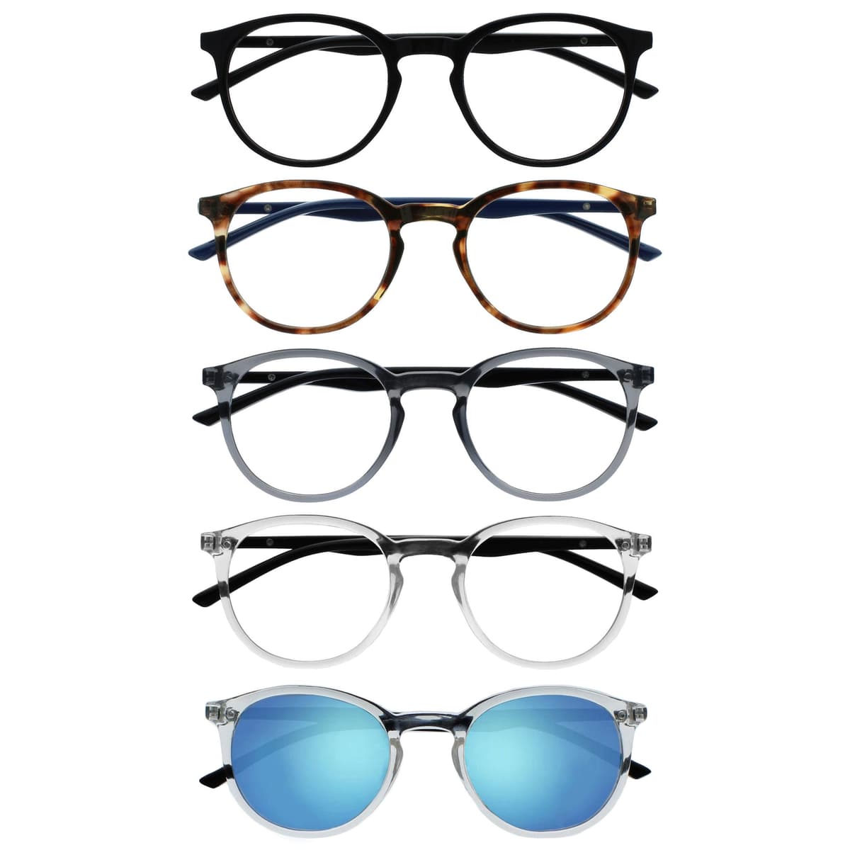 OPULIZE Met Pack 5 Gafas De Lectura Con Lectores De Sol Redondo Negro Marrón Gris Claro Hombres Mujeres RRRRS60-127CC +1,50