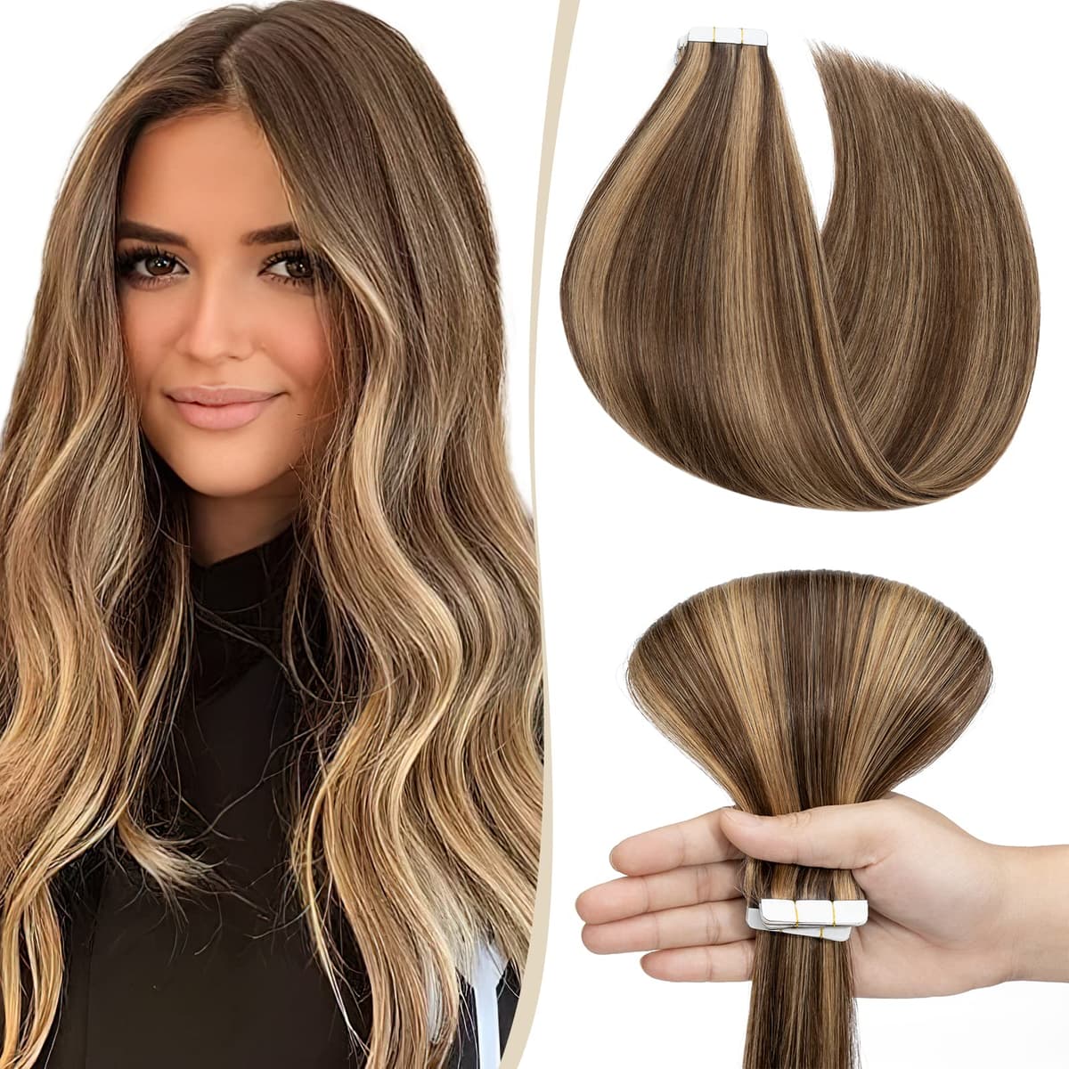 12"(30cm) SEGO 10PCS Extensiones Adhesivas Naturales Pelo Humano sin Clip [#4/27 Castaño Chocolate/Rubio Oscuro] Cabello 100% Remy Liso Balayage Tape in Human Hair (20g)