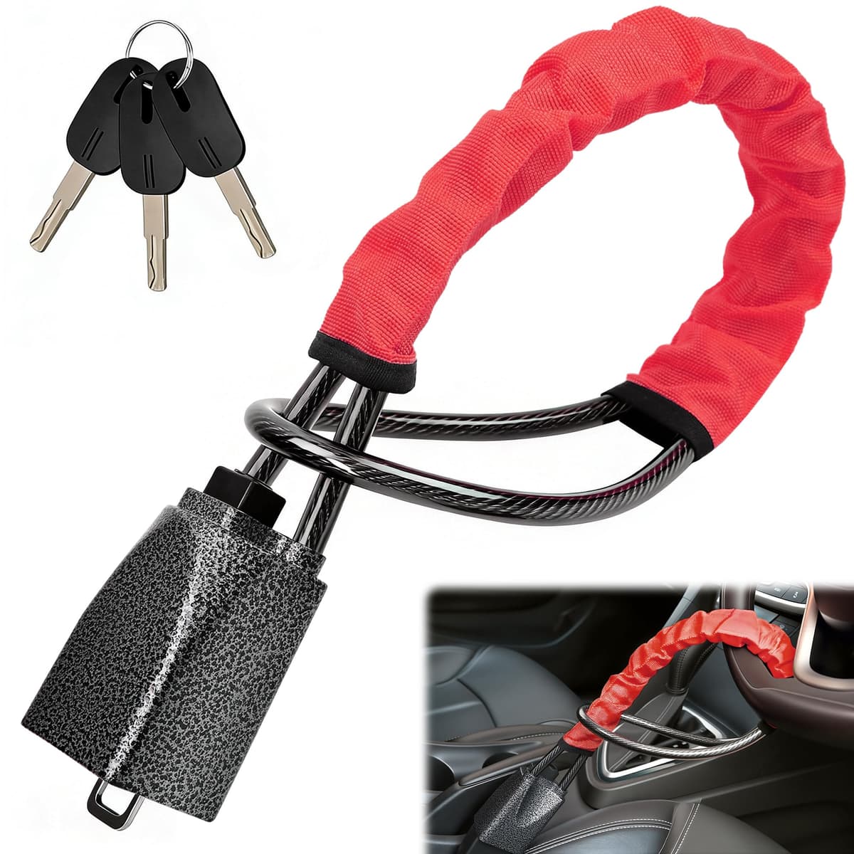Steering Wheel Lock, Car Steering Wheel Locks, Car Seat Belt Lock with Metal Head, High Visibility Car Lock Anti-Theft Device for Car, SUV, Pickup, Van, RV, 3 Keys (Red)