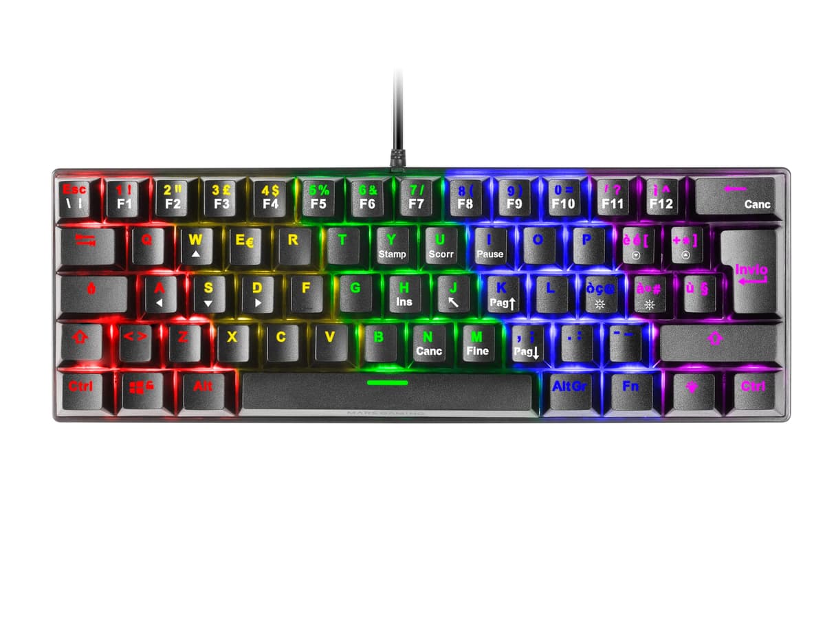 Mars Gaming MK60, Idioma Italiano, Teclado Gaming Mecánico 60% Ultraligero con Switch Rojo, Iluminación Rainbow RGB, Teclas Doble Inyección, Anti-Ghosting y Modo Juego, Multiplataforma, Negro