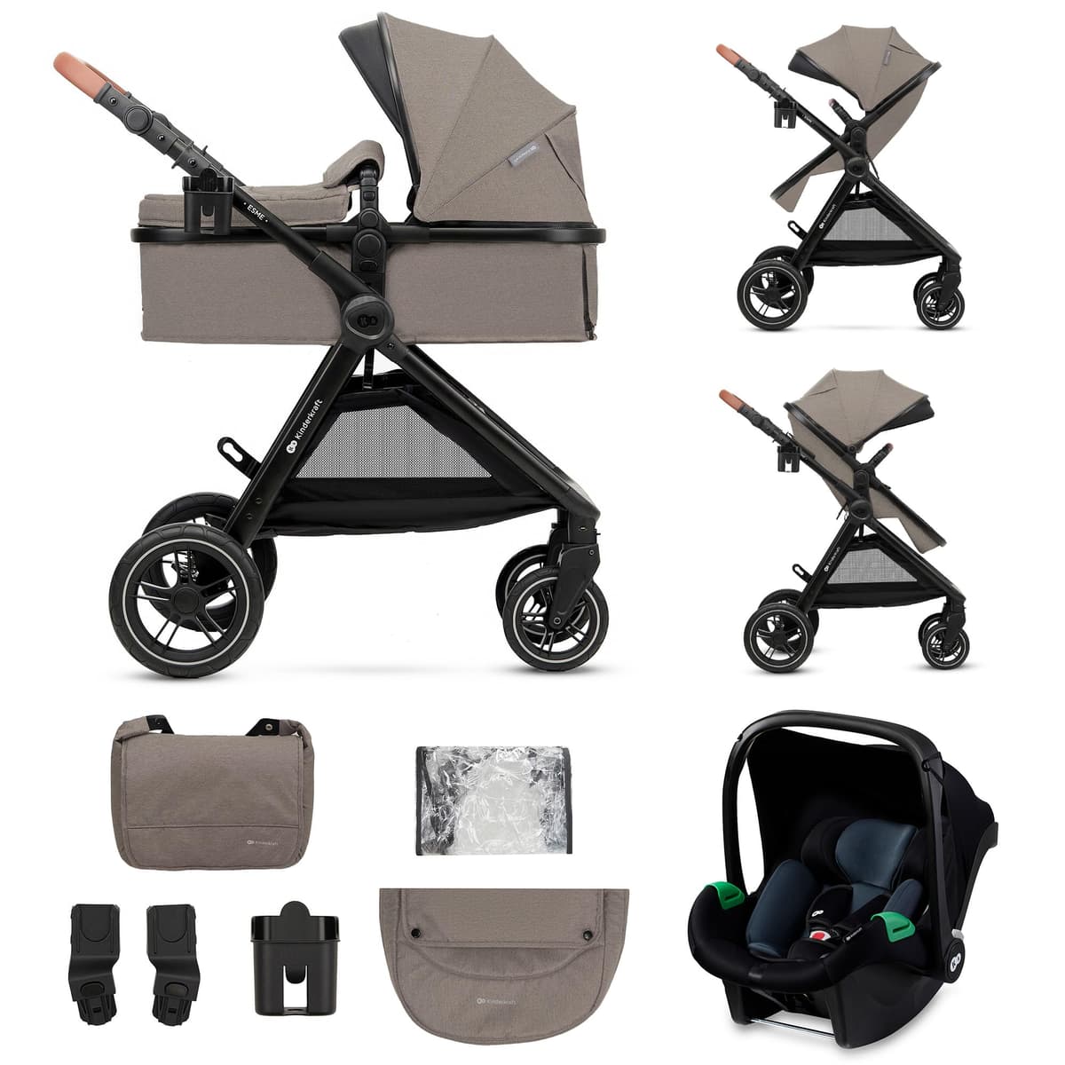 Kinderkraft ESME Carrito bebé 3 en 1 Set, con Portabebés Mink PRO I-Size, Sistema de Viaje, Cochecito para Bebé, Cochecito, Plegable, para Recién Nacido hasta 4 Años, Beige