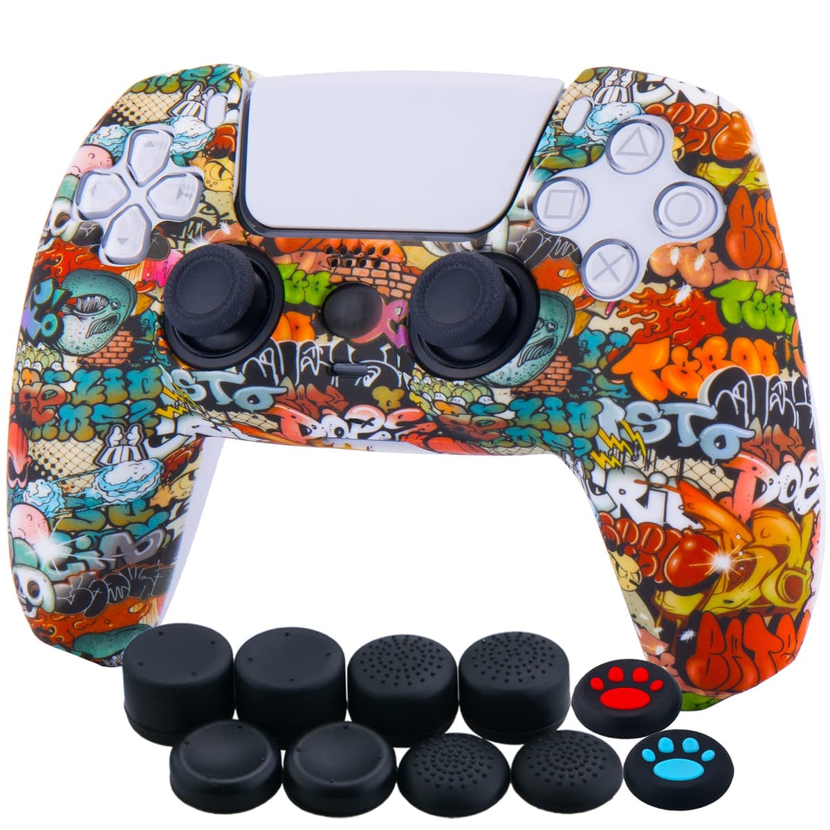 YoRHa Silicona Espesar Impresión Funda Piel Carcasas Cubierta Compatible de PS5 Mando x 1 (Graffiti De Calavera) con Agarres para el Pulgar x 10