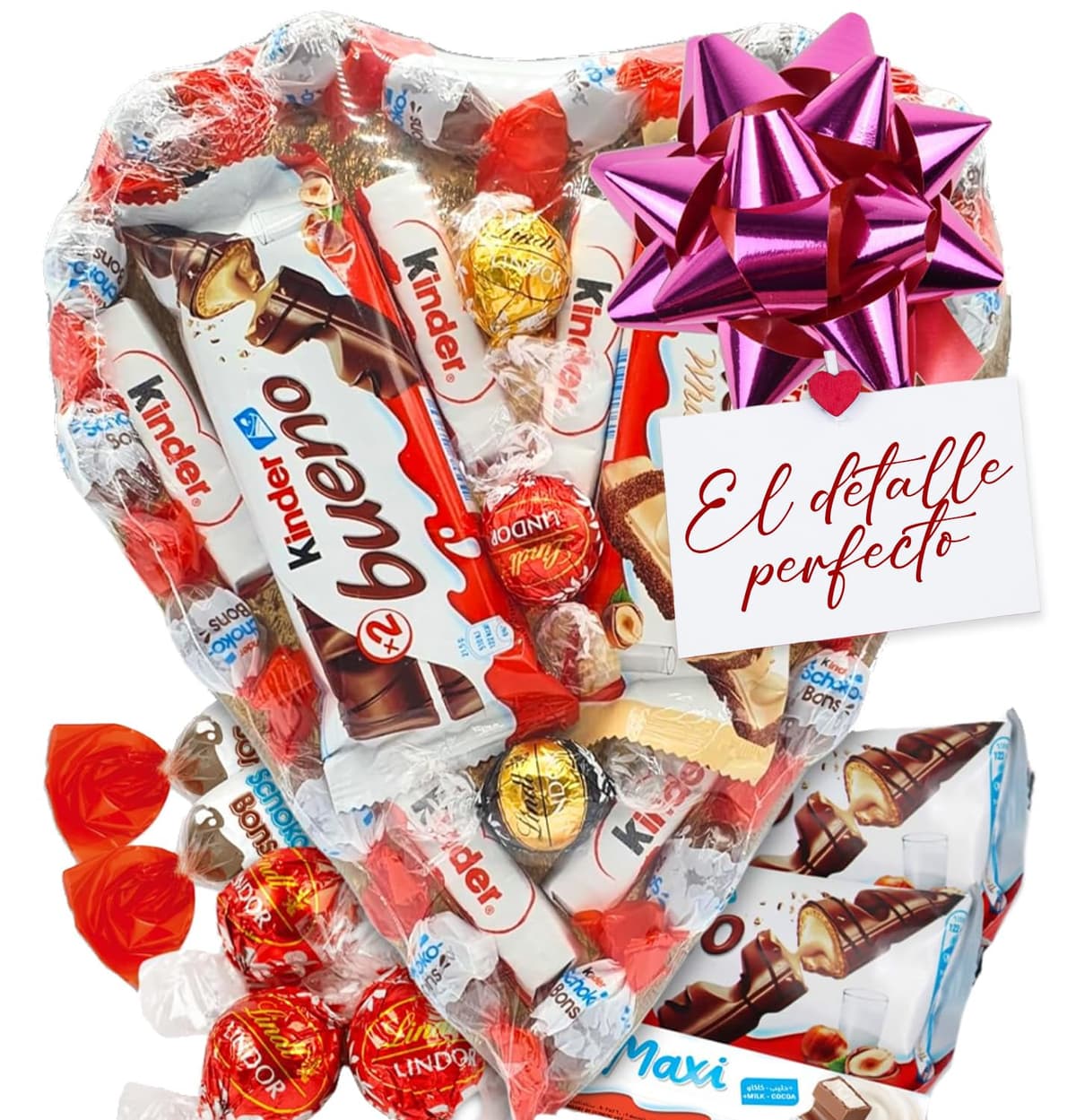 Corazon de Chocolate con Kinder Bueno, Shochobons, Chocolate y Bombones Lindt. Regalo Ideal para Parejas, Día de la Madre, Cumpleaños... [IAMI]