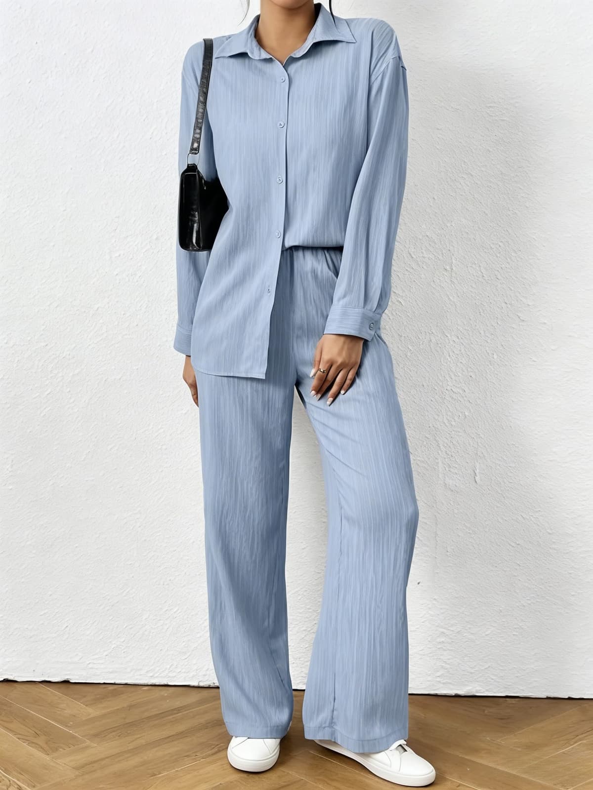 Conjunto de 2 piezas para mujer, conjunto casual de camisa de manga larga con botones y pantalones de pierna ancha, conjunto de chándal