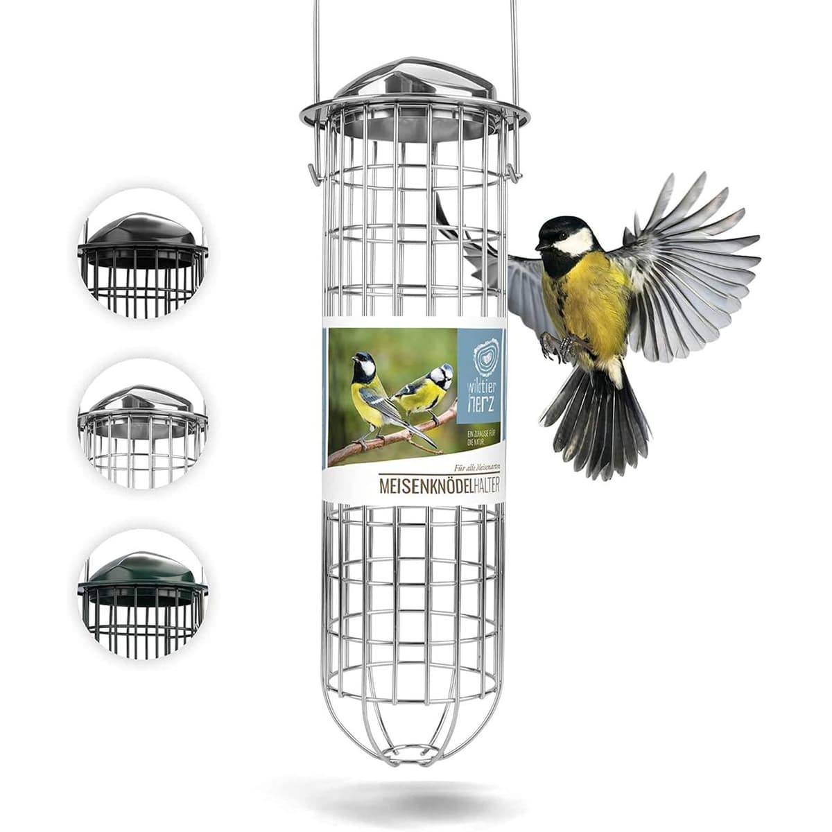 Wildtier Herz Soporte de Comida para Aves Silvestres, Comedero para pájaros, Soporte para Bolas de Grasa, 31cm de Acero Inoxidable Alemana, Color Plateado