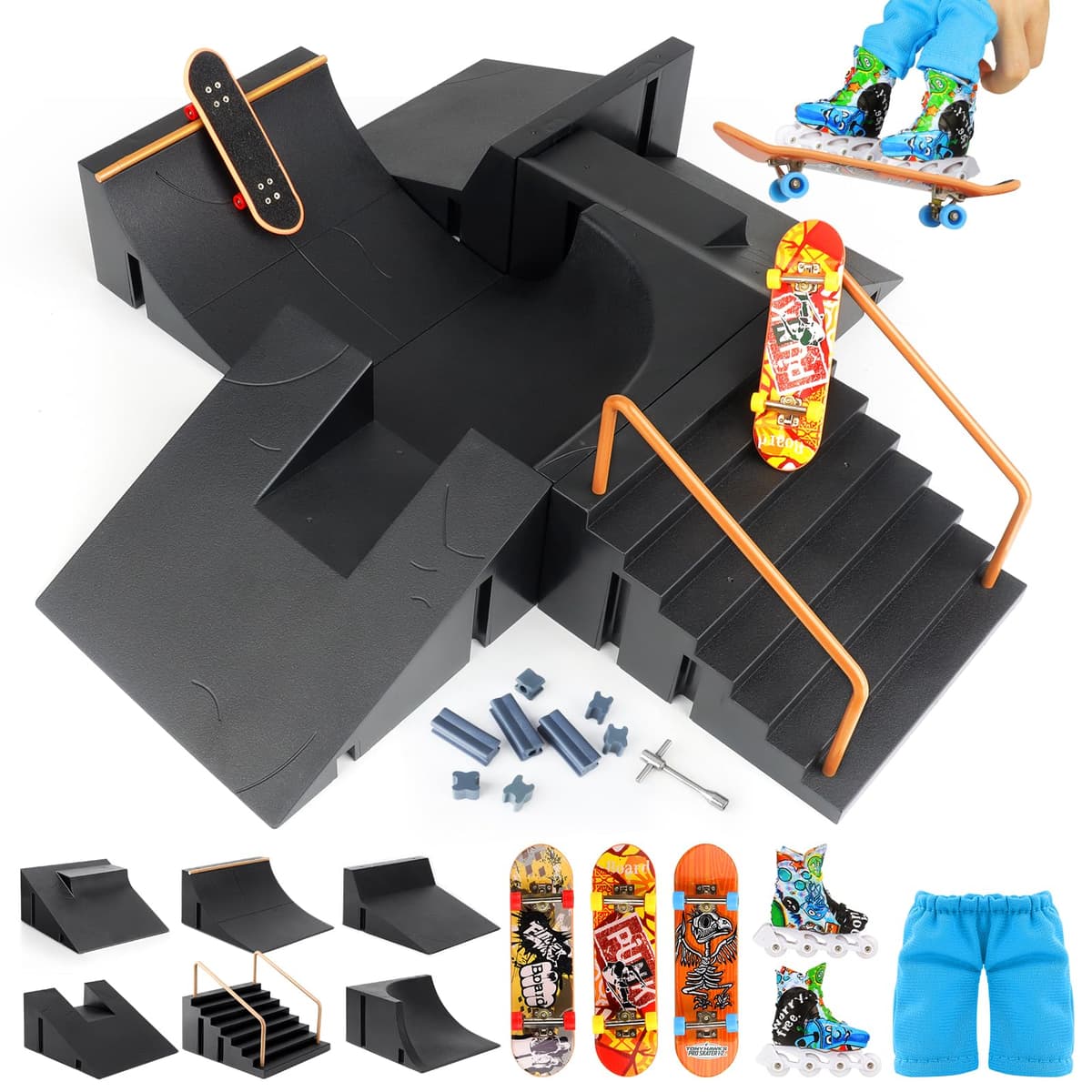 CS COSDDI Juego de Accesorios para Monopatín y Rampa, Juguetes para Montar uno Mismo, Parque de Dedos con Rampa, Parques para Deportes, Regalo para Niños